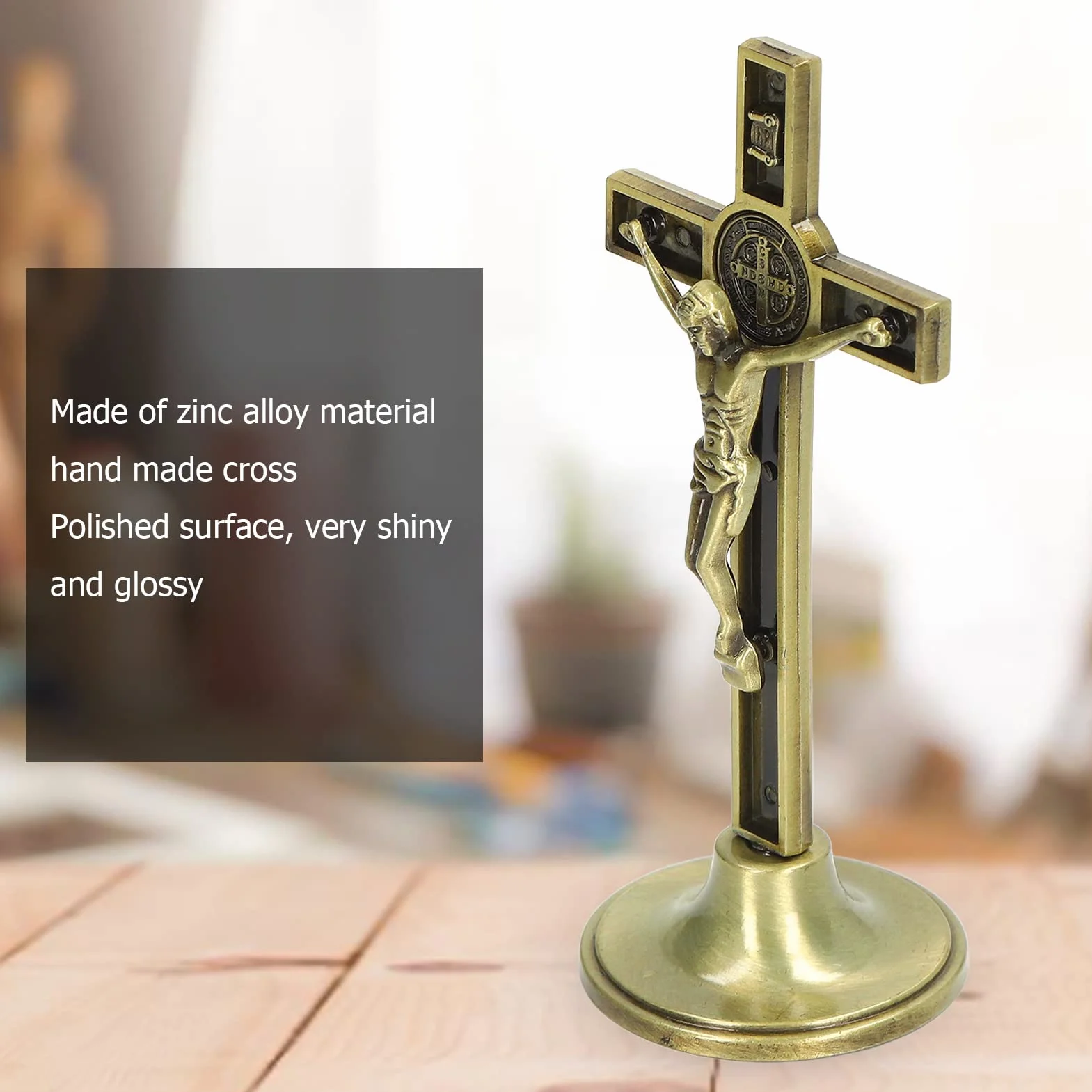 Metalowy Mini Krucyfiks ze Stopu Cynku 1,9x2x4,7 Cala Katolicki Krzyż Stojący z Podstawą Kolor Miedzi