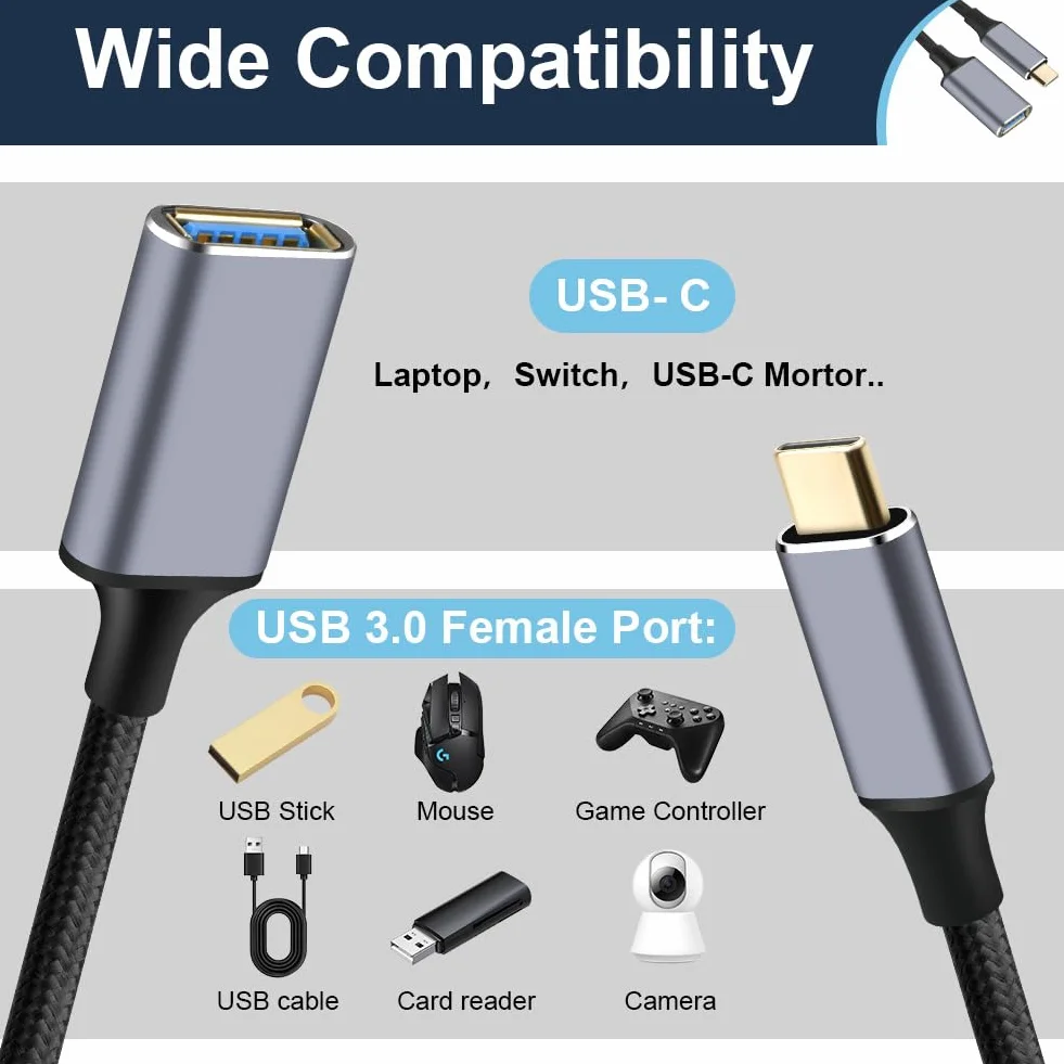 AXFEE Adapter USB C na USB 3.0, 2M USB typ C męski na żeński kabel OTG, kompatybilny z iPhone 16 Pro Max/15 Pro Max, iPad Pro, MacBook Pro/Air, Galaxy S24/S23 Ultra, Hua-wei