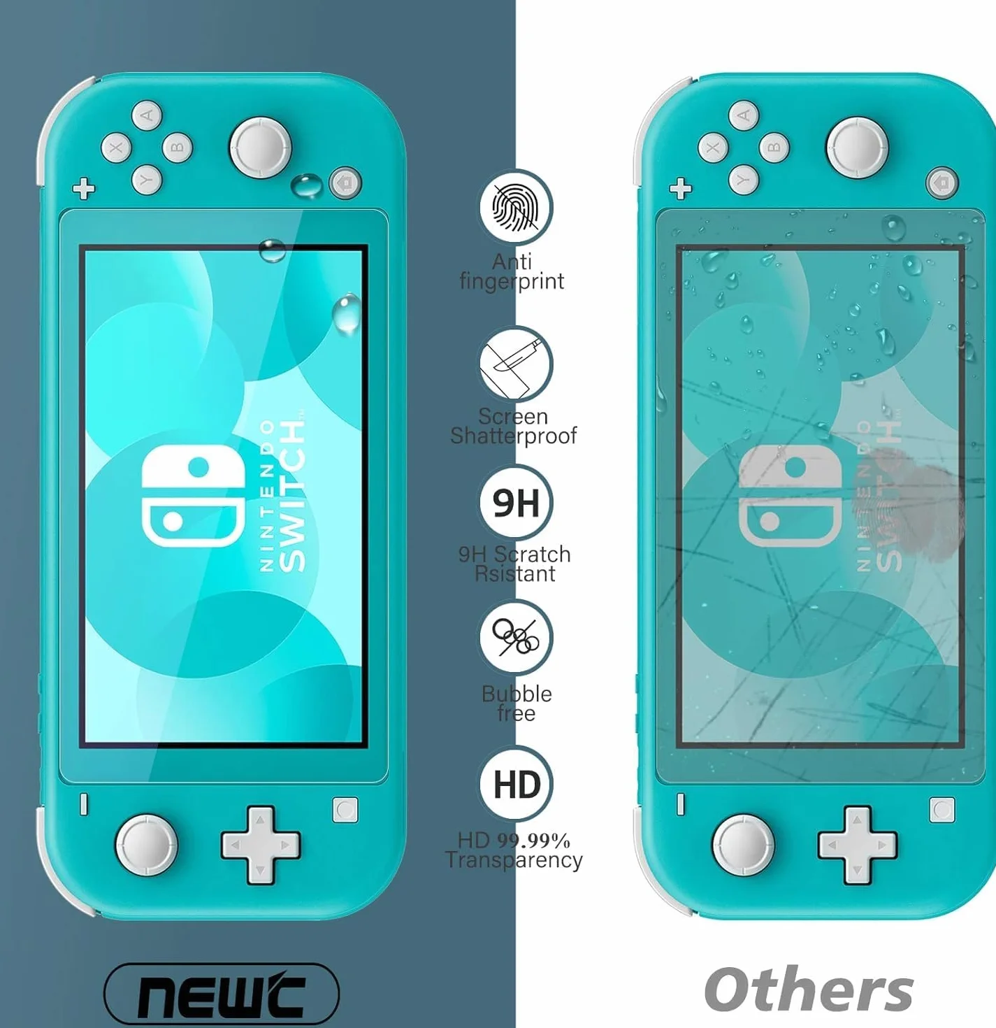 NEW'C Zestaw 3 sztuk szkła hartowanego do Nintendo Switch Lite, folia ochronna ekranu, odporna na zarysowania, bez pęcherzyków powietrza, bardzo wytrzymała (0,33 mm HD Ultra przezroczysta), twardość