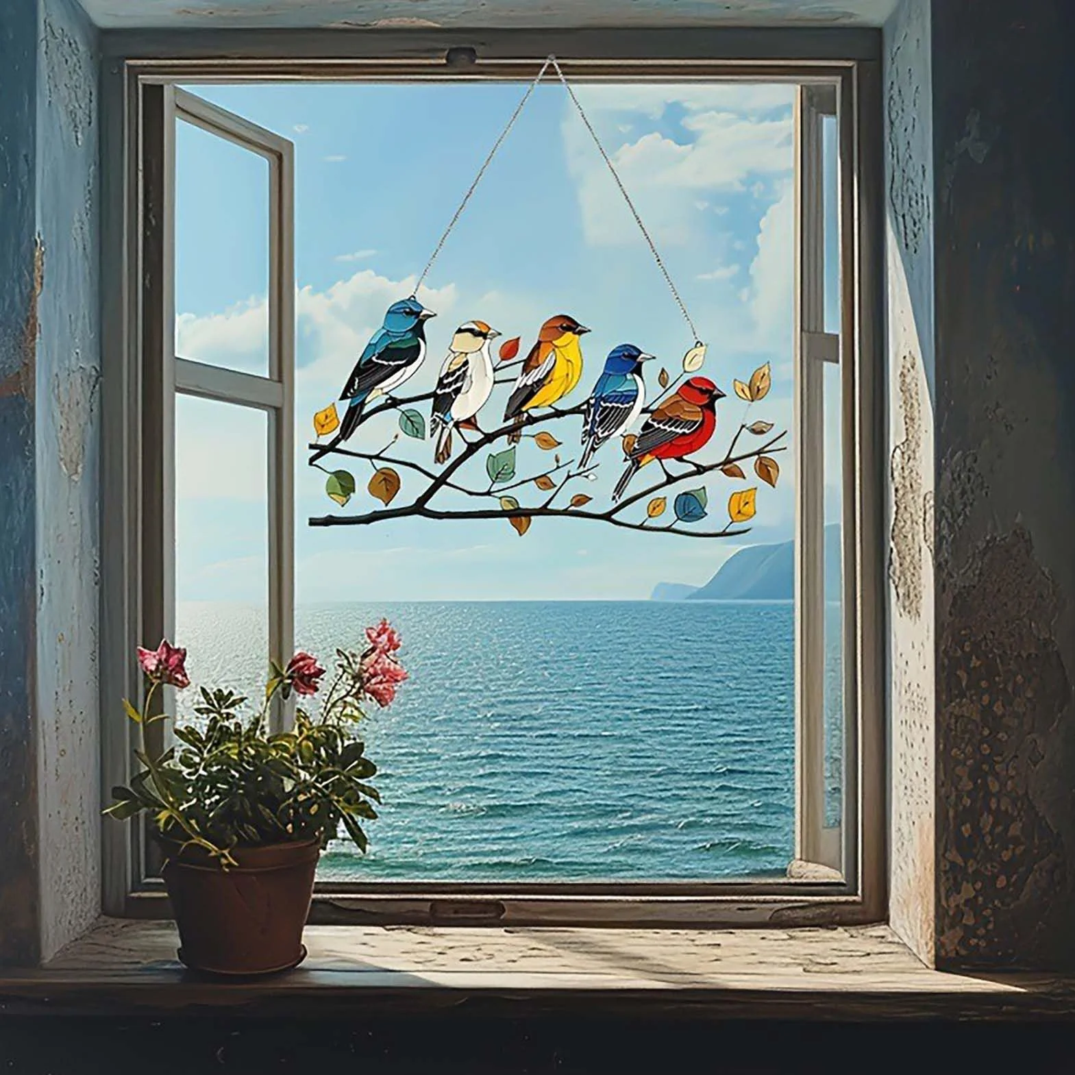 JUOPZKENN Ptak liść Wiszący na ścianie, witraż Wiszący witraż Ptaki Zestawy Witraży Zawieszki Ozdoby Akrylowe Ozdoby 15x30 Cm (B)
