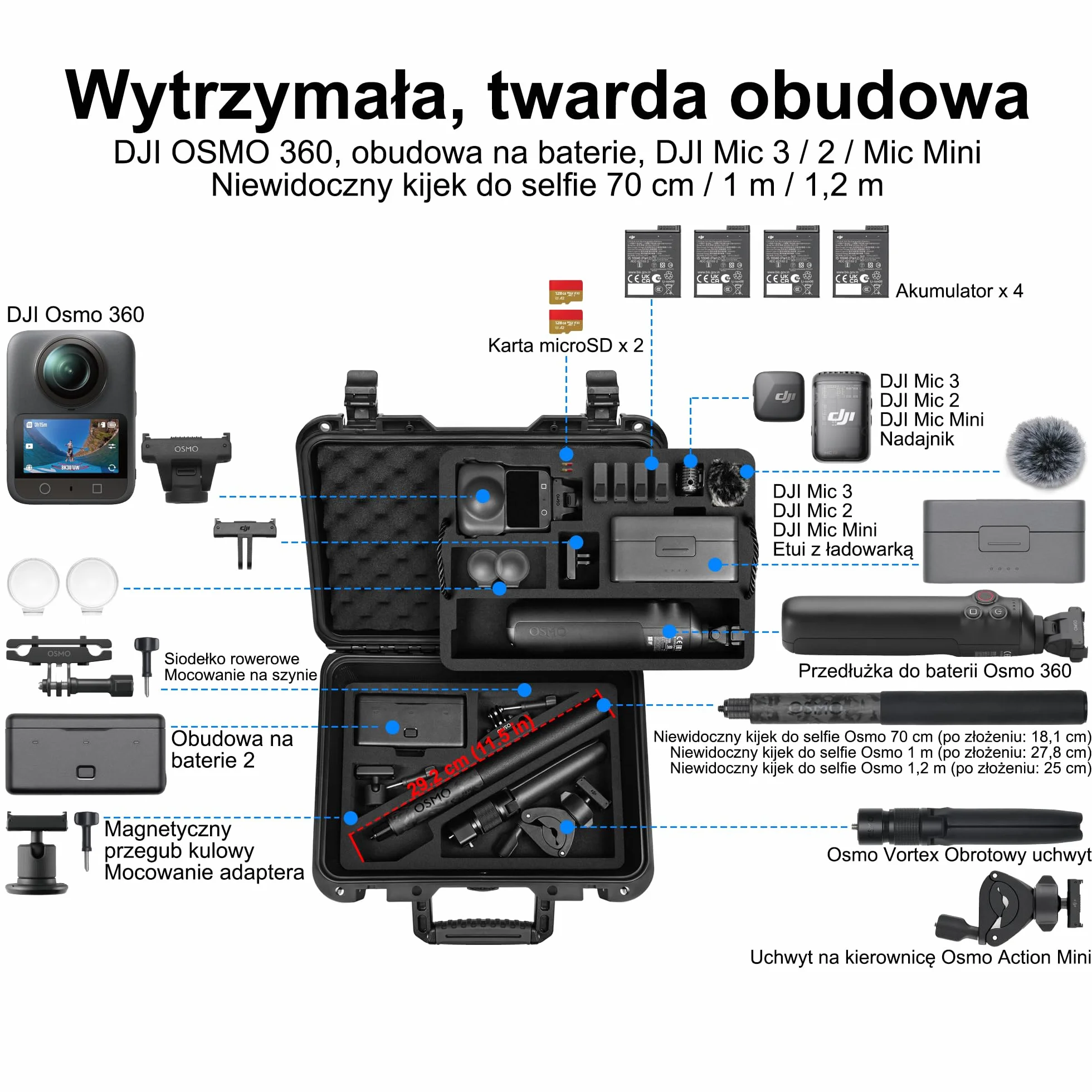 Lekufee Wodoodporna Twarda Walizka dla DJI Osmo 360, Adventure Combo, Bateria, Osmo Selfie Stick, Etui Ładujące DJI Mic 3/2/Mic Mini i Inne Akcesoria (Tylko Walizka)