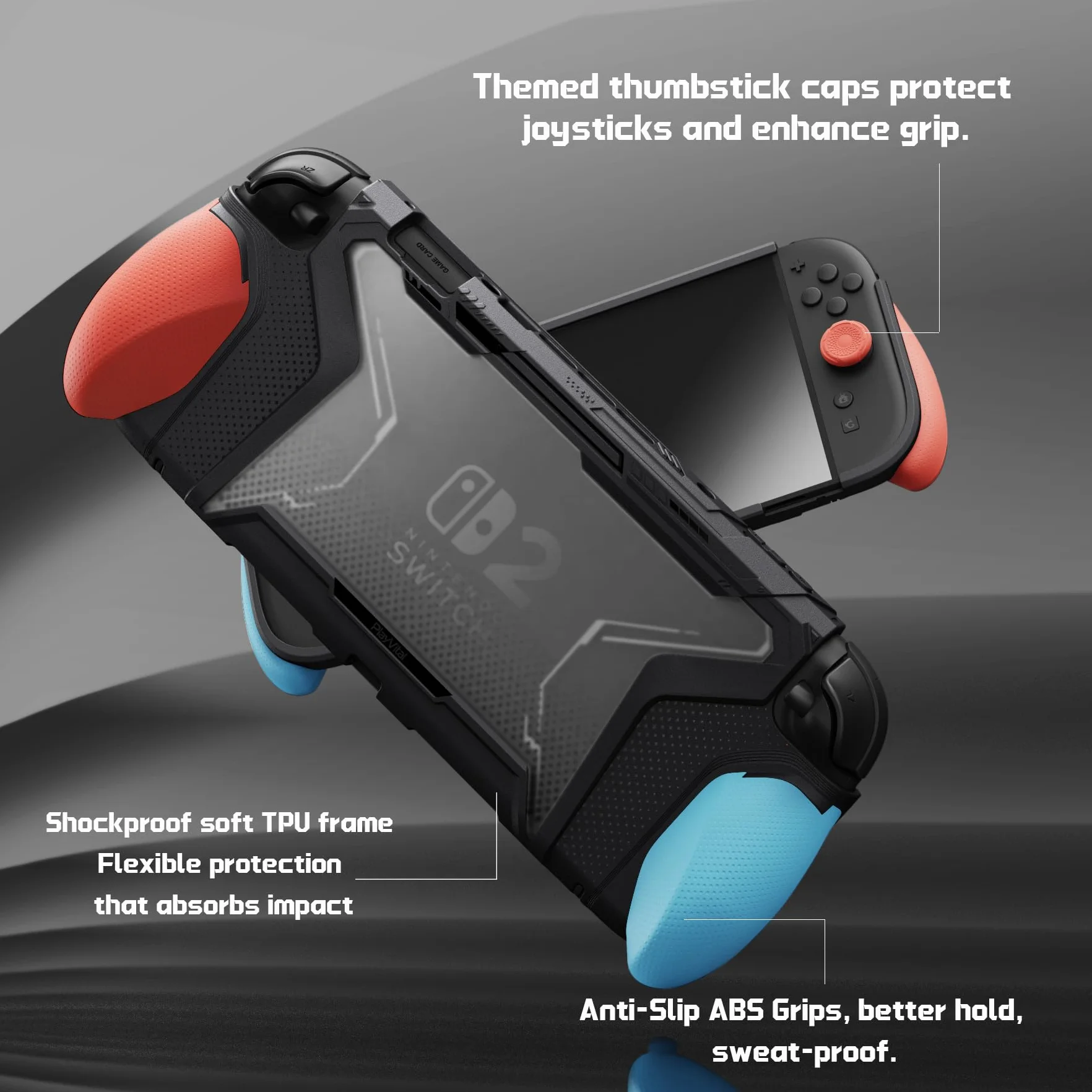 PlayVital Ochronne Etui do Switch 2 z Uchwytami Joycon & 2 Nakładkami Joysticki,Dockable Pokrowiec na Konsolę do Switch 2 Akcesoria Beyond-Grip,Niebieski & Pomarańczowy
