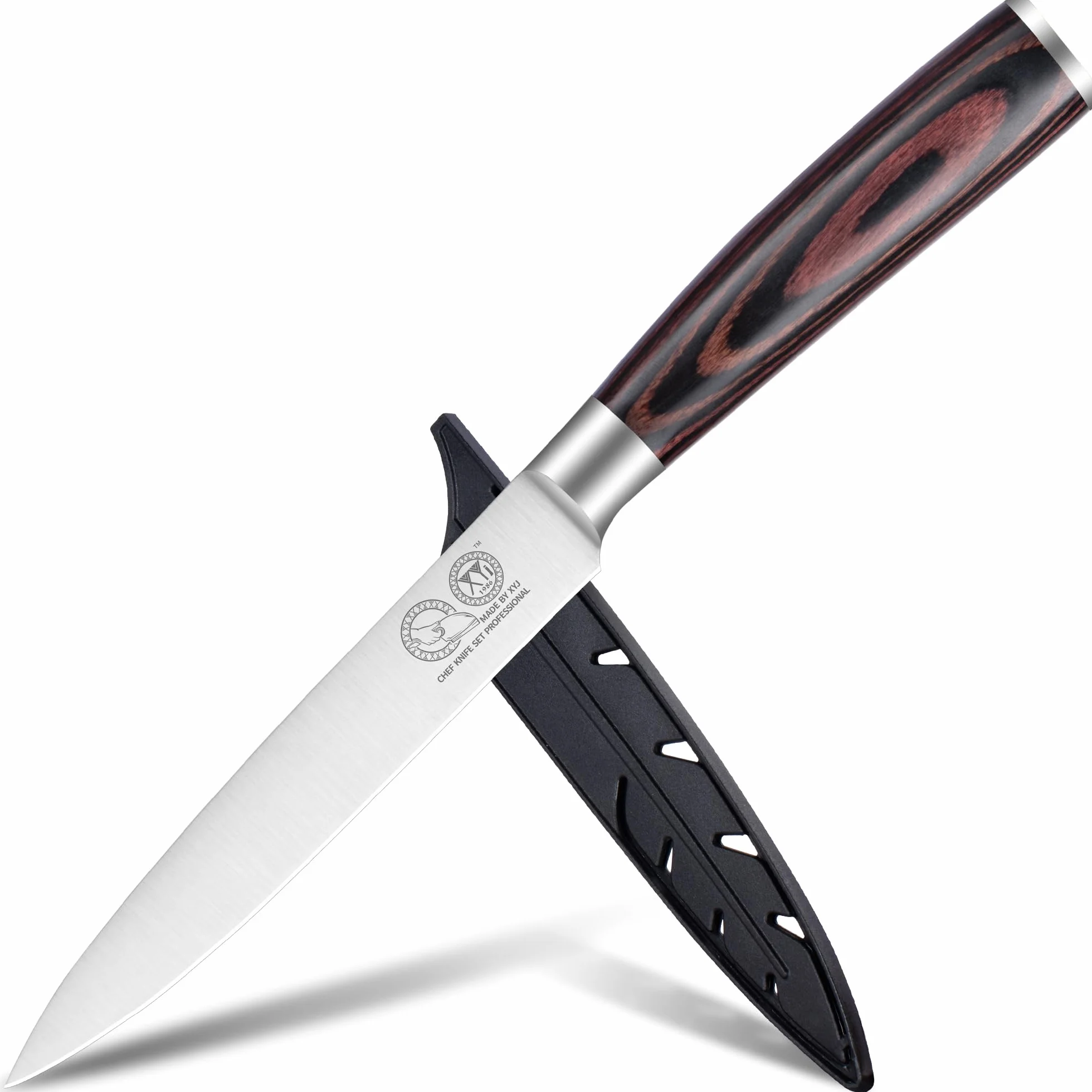 XYJ Authentic Since 1986,5 Inch Kitchen Knife, Stainless Steel Japanese Utility Knife, Meat Cleaver for Meat Cutting,Pakka Wood Handle,Plastic Edge Guard Protector,Chefs Knife