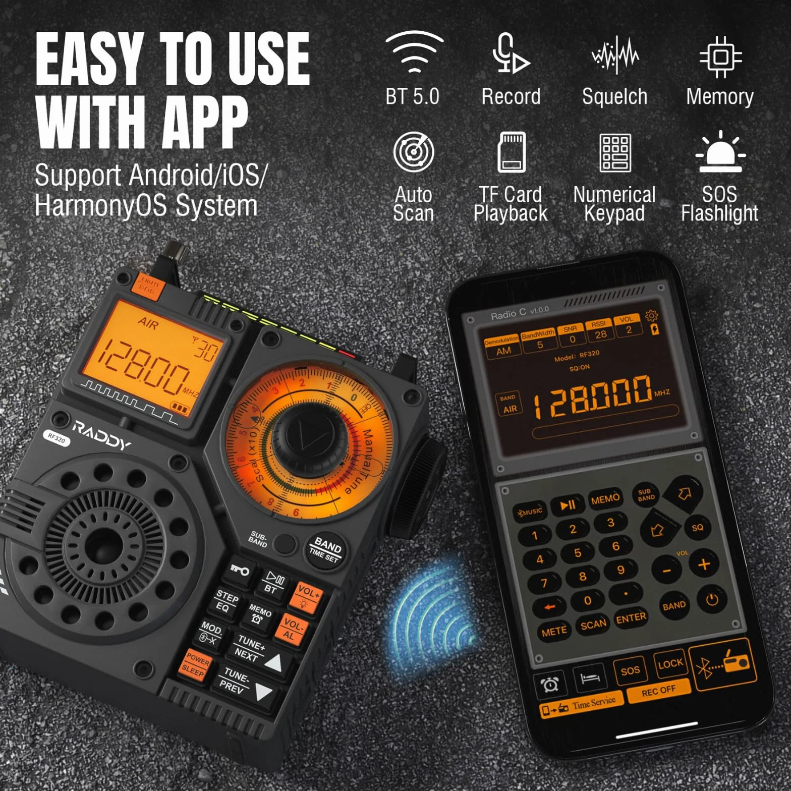 Radio krótkofalowe Raddy RF320, odbiornik FM/AM/VHF/SW/AIR, obsługa kart Bluetooth/TF, ładowalne radio przenośne z 3-metrowymi słuchawkami dousznymi z anteną Latarka SOS