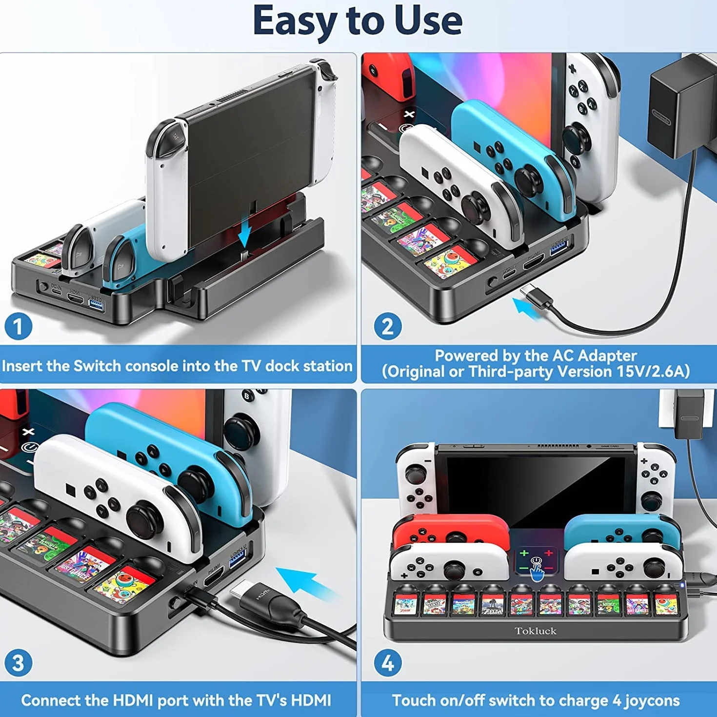 Stacja dokująca do telewizora ze stacją ładującą switch, przełącznik OLED TV z zasilaczem TV 4K HDMI, zastępcza stacja dokująca z interfejsem/kontrolerem przełącznika, stacja ładująca i 10 gier