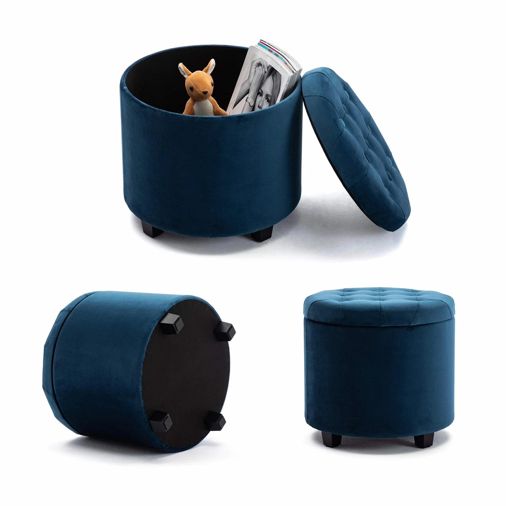 HNNHOME® 45 cm okrągłe nowe aksamitne wyściełane siedzisko otomana schowek pufy krzesło z pokrywką (granatowy, aksamit)