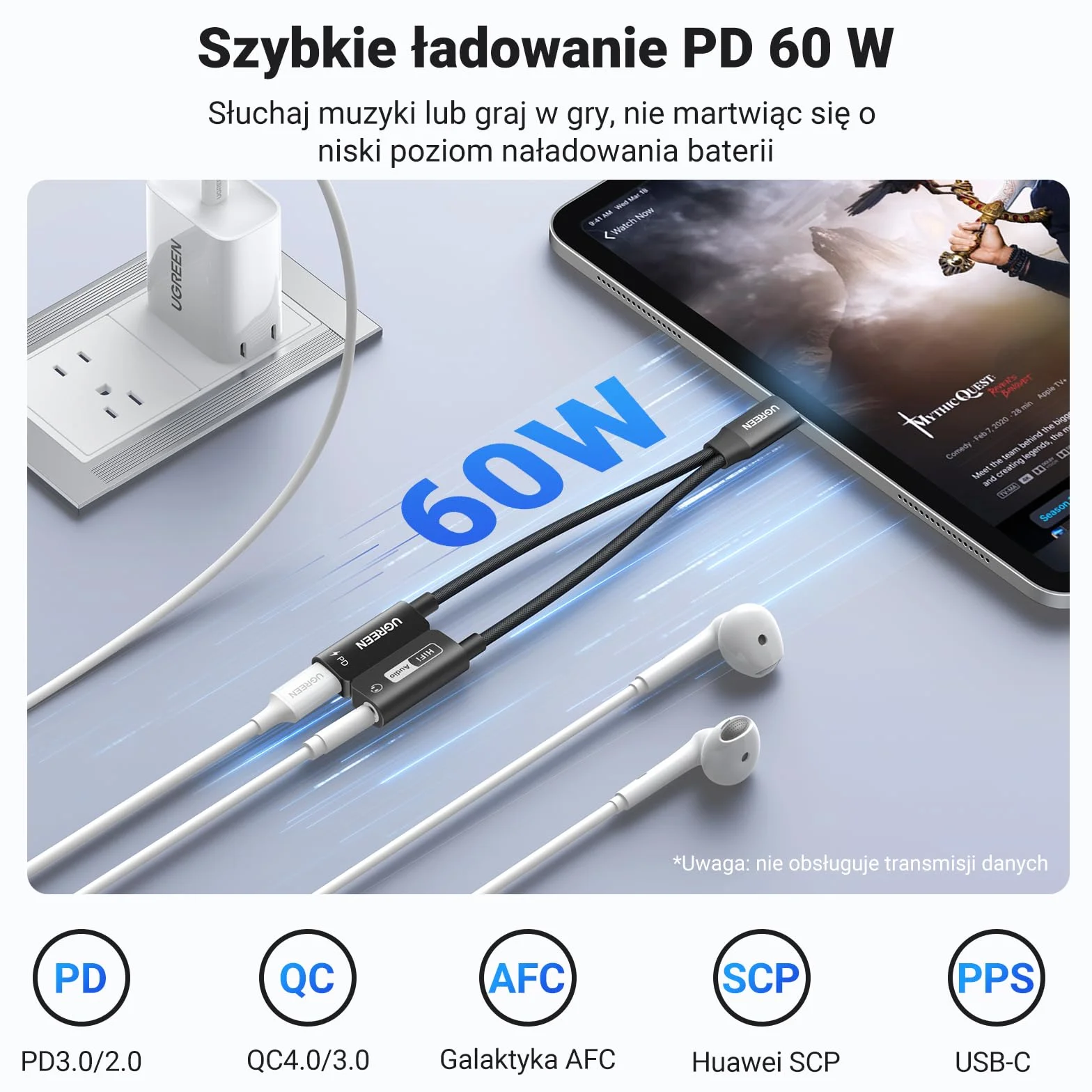 UGREEN USB C na Jack 3,5 mm Adapter z szybkim ładowaniem PD 60 W, magnetyczną kartą dźwiękową USB do iPhone'a 15, laptopa i zestawu słuchawkowego (standard CTIA/OMTP) itp.
