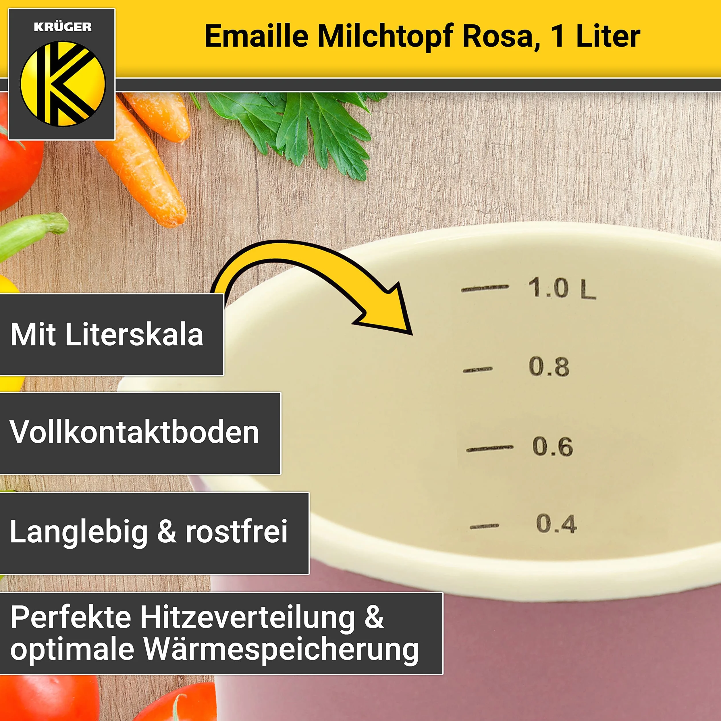 Krüger Emaliowany garnek na mleko różowy 12 cm, 1 litr – garnek z dnem w pełni stykowym do energooszczędnego gotowania – praktyczna wylewka i skala litrów – nadaje się do mycia w zmywarce i kuchenek indukcyjnych (różowy)