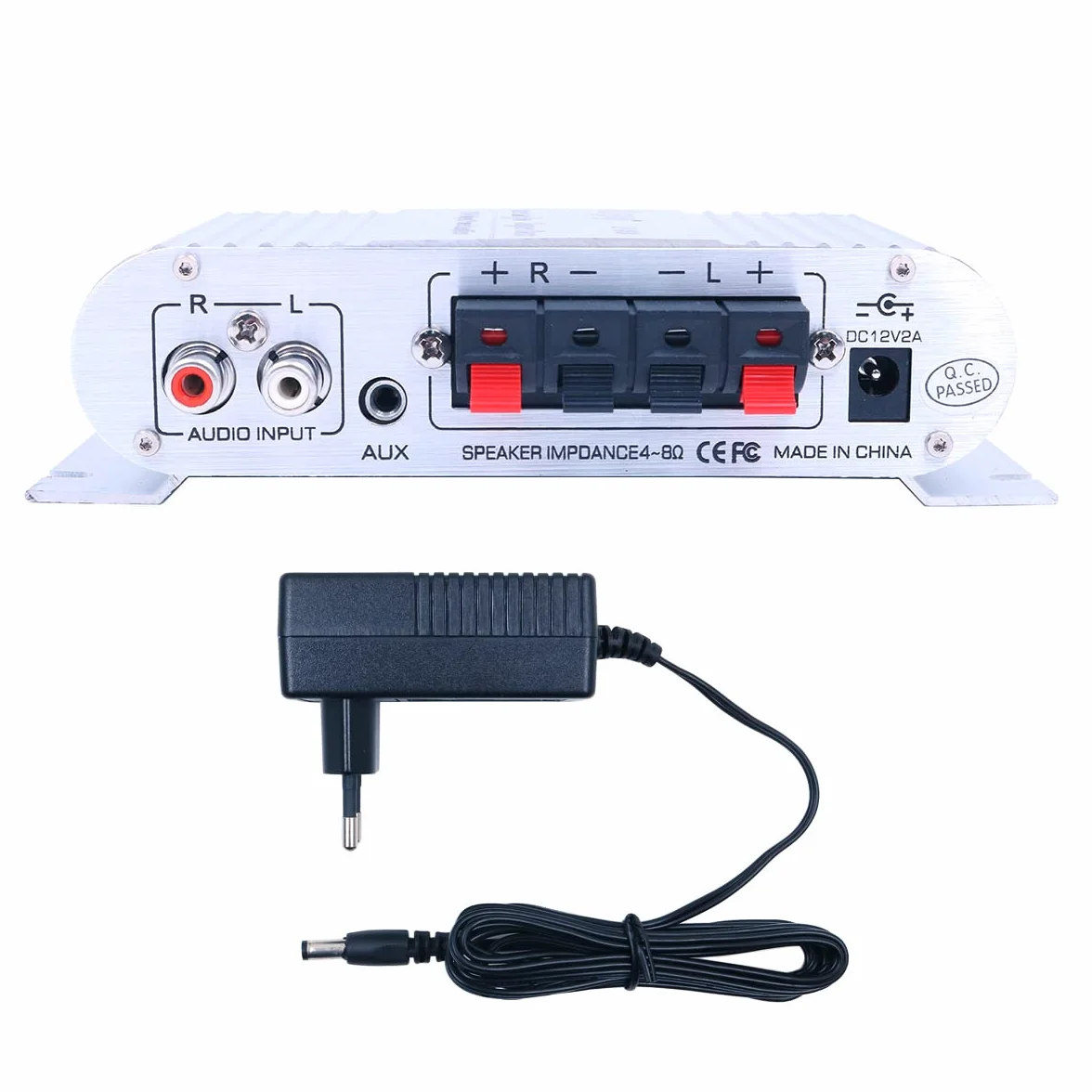 DollaTek LP-808 12 V MiNi przenośny przewodowy wzmacniacz HiFi z zasilaczem 3A do telefonu samochodowego w domu - srebrny