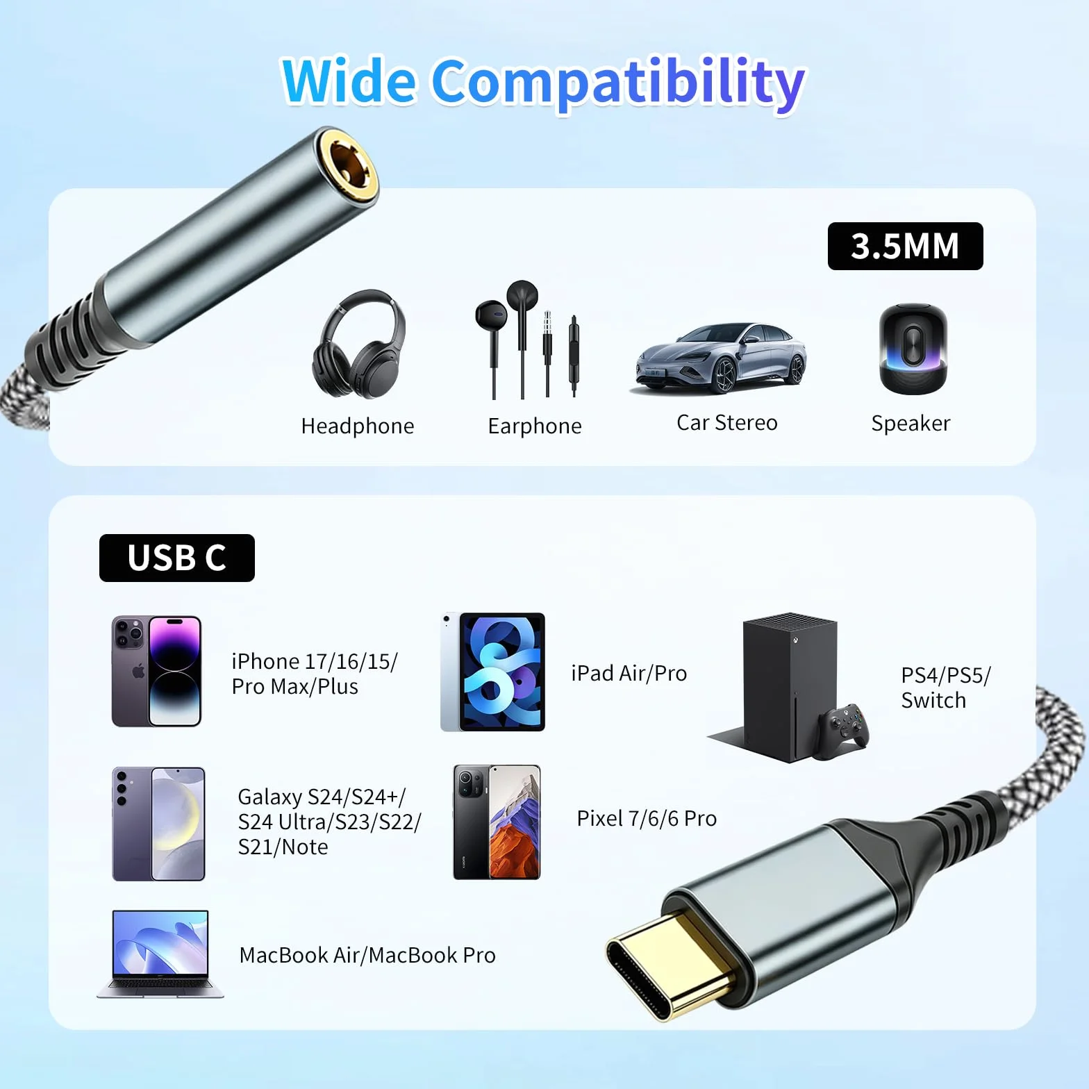 Gniazdo słuchawkowe USB-C na 3,5 mm, cyfrowy adapter audio AUX typu C na 3,5 mm, kompatybilny z iPhone 16/15 Pro/Pro Max, Samsung Galaxy, iPad Pro, Xiaomi i innymi urządzeniami typu C (2 szt.)