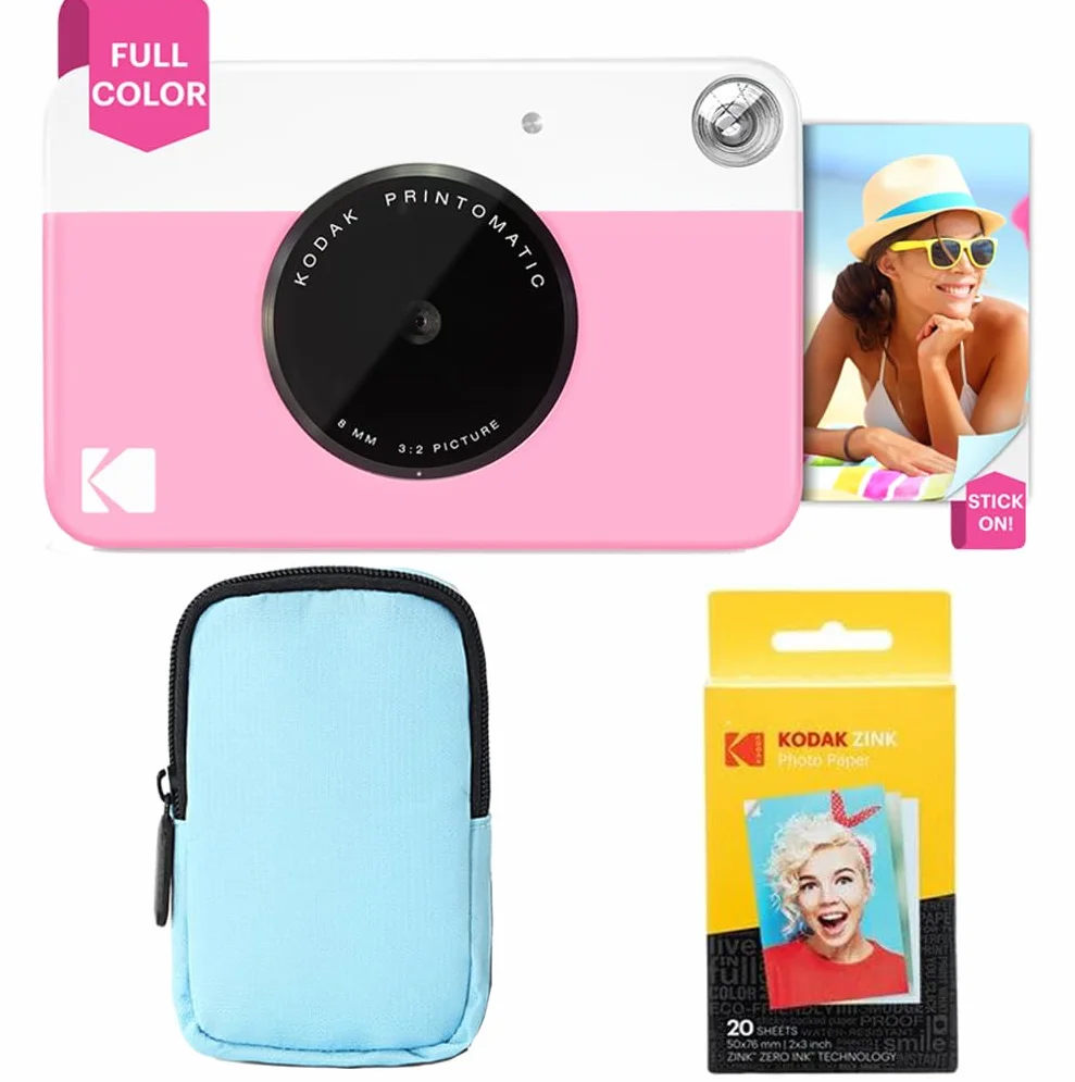 KODAK Printomatic Pełnokolorowy zestaw startowy aparatu do natychmiastowego drukowania + miękkie etui + cynk 20 sztuk papieru fotograficznego, kolorowe zdjęcia na papierze samoprzylepnym 5 x 7,6 cm,