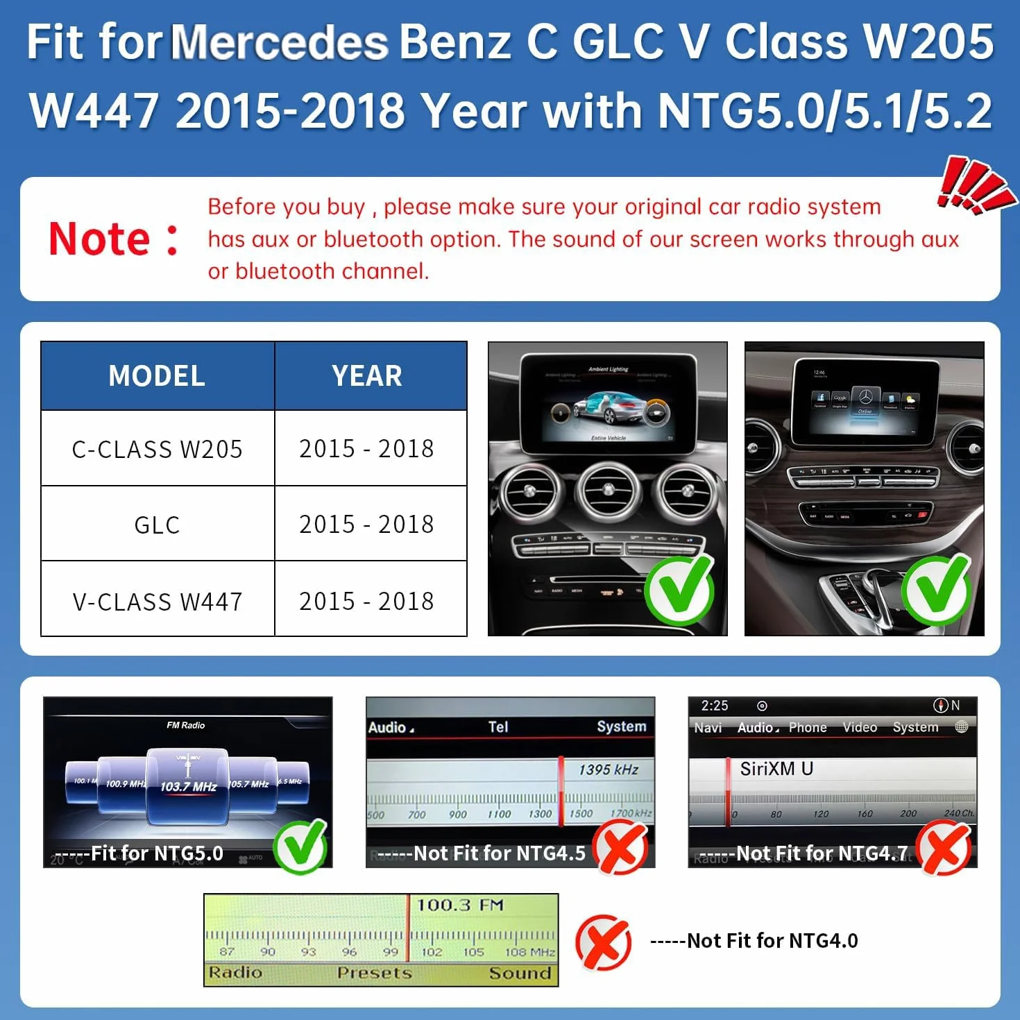 Road Top Ekran CarPlay, 12,3-calowe radio samochodowe stereo dla Mercedes Benz C GLC V W205 z NTG 5.0(2015-2018 rok), radio samochodowe z wąską ramką dla CarPlay/Android Auto