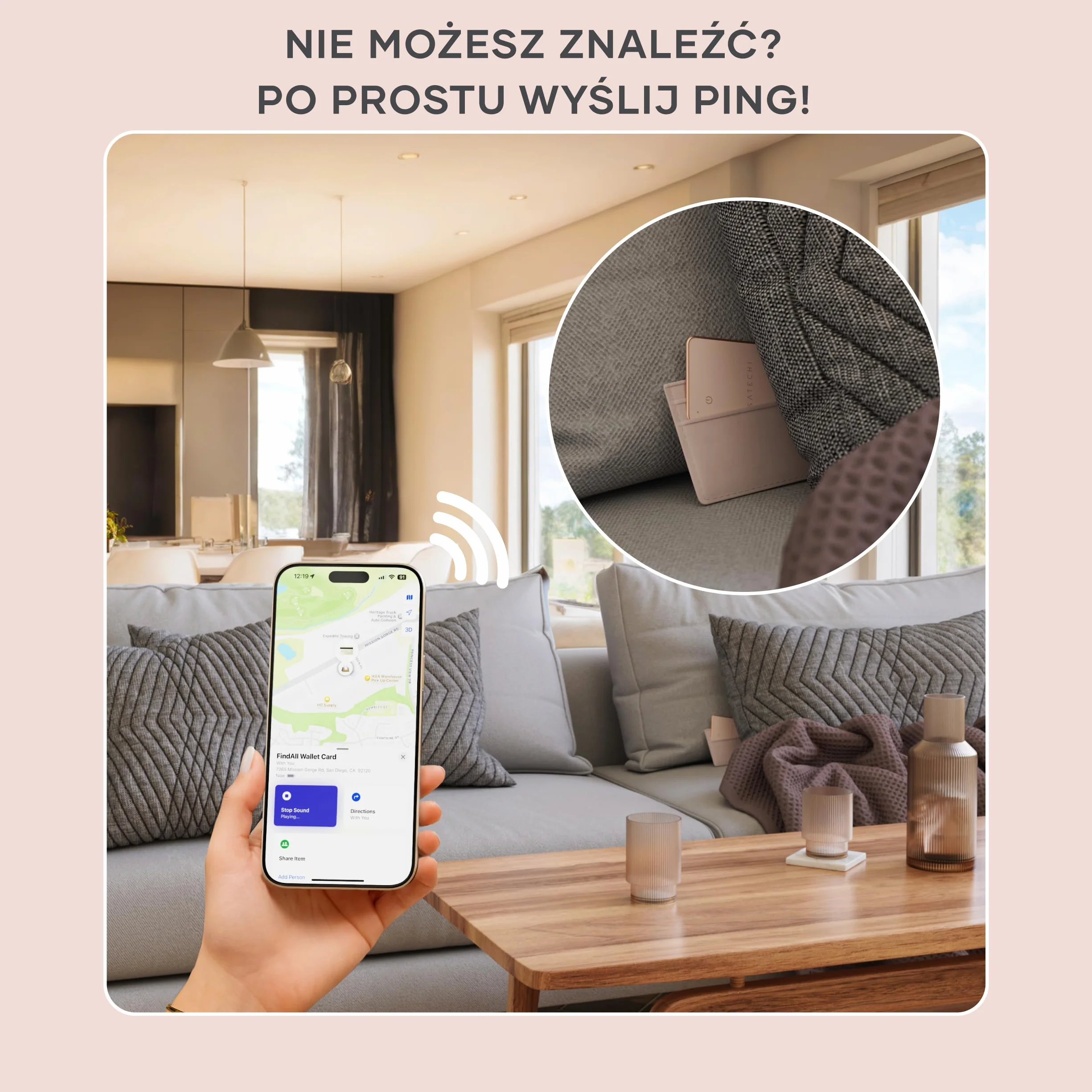 SATECHI FindAll Air GPS Wallet Tag Z Funkcją Apple Find My, Alertem O Zgubieniu, Głośnym Dźwiękiem, Ładowaniem Bezprzewodowym, Lekką Kartą GPS, Lokalizatorem Dla iPhone, iPad I Mac – Desert Rose