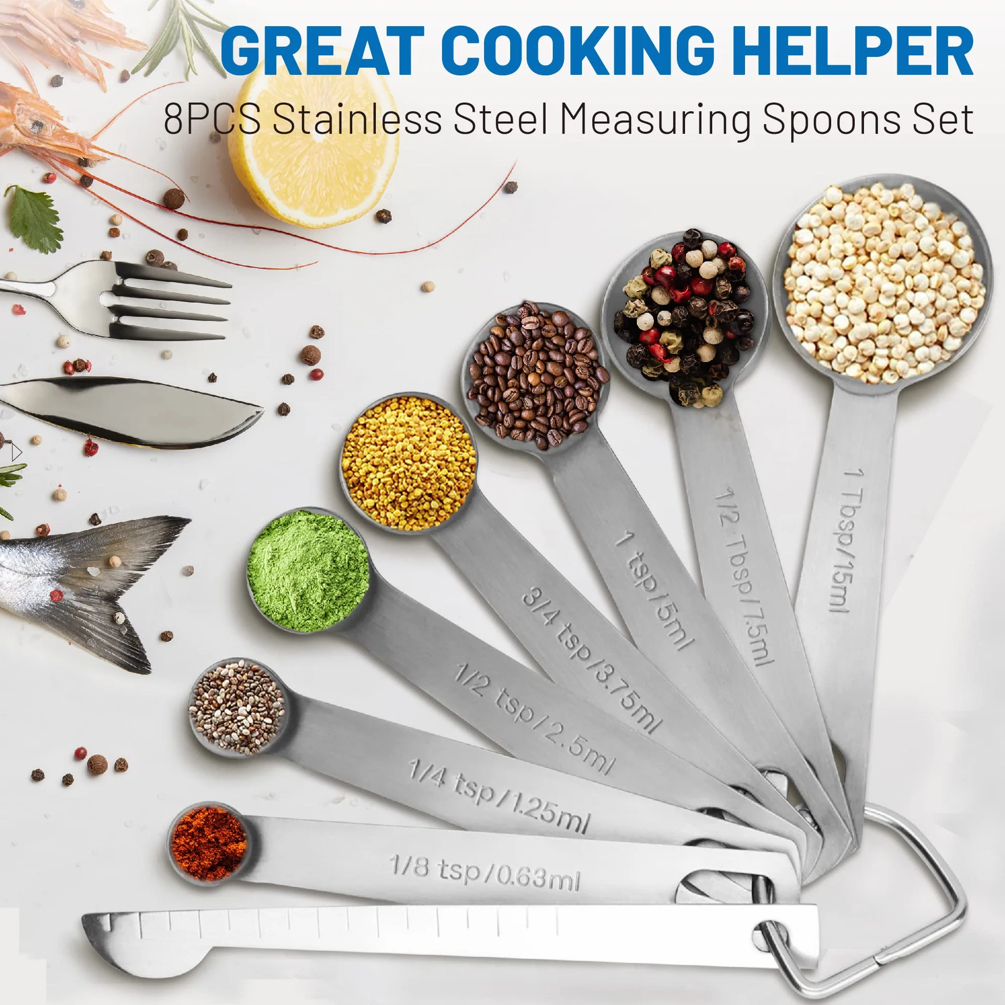 Measuring Spoons, Premium Heavy Duty 18/8 Stainless Steel Measuring Spoons Cups Set, Small Tablespoon with Metric and US Measurements, Set of 8 for Measuring Dry and Liquid Ingredients