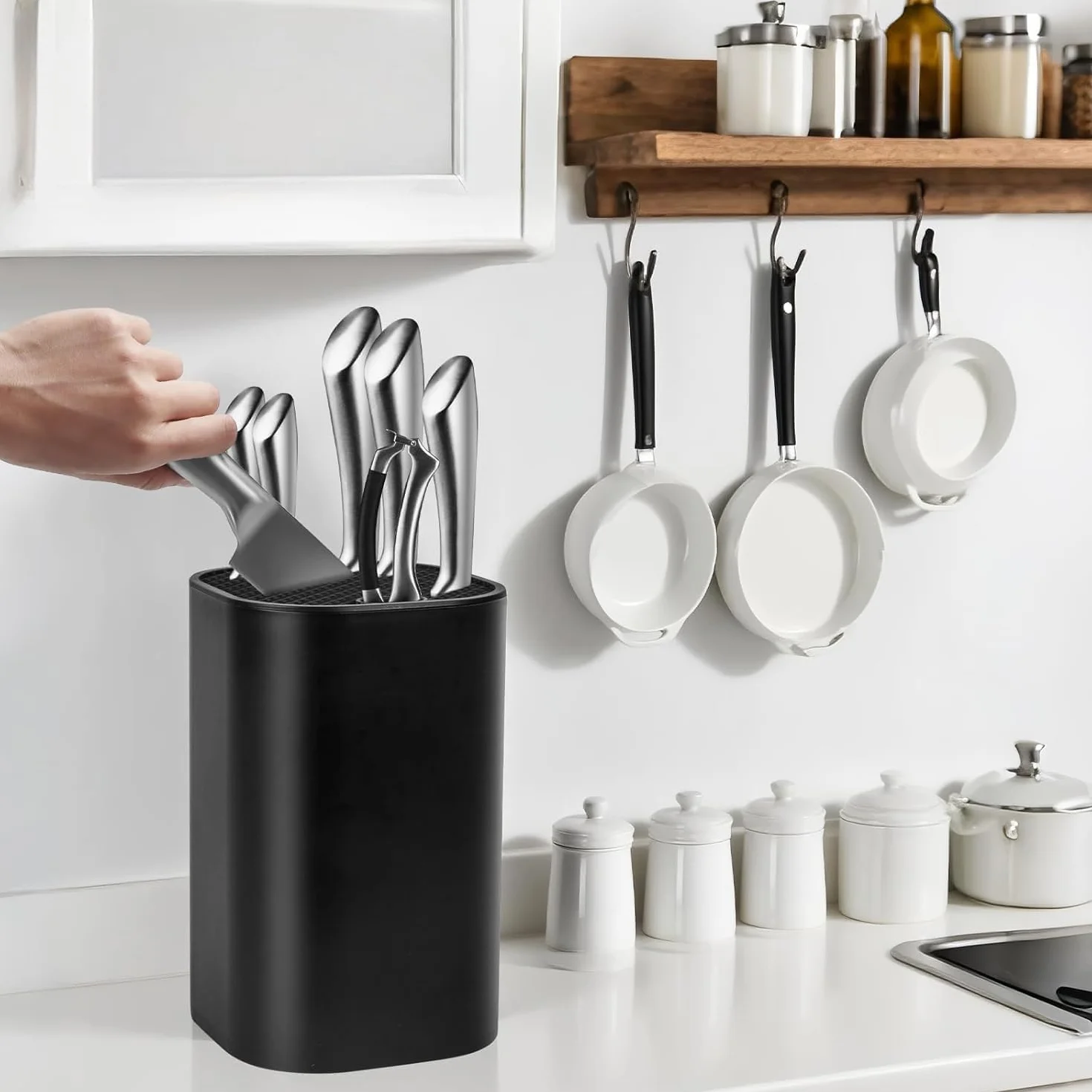 Sightday Czarny blok na noże bez noży, kwadratowy uchwyt na noże kuchenne, schowek na noże z otworem na nożyczki i prętem do ostrzenia, oszczędzający miejsce uchwyt na noże bez noży, uchwyt na noże