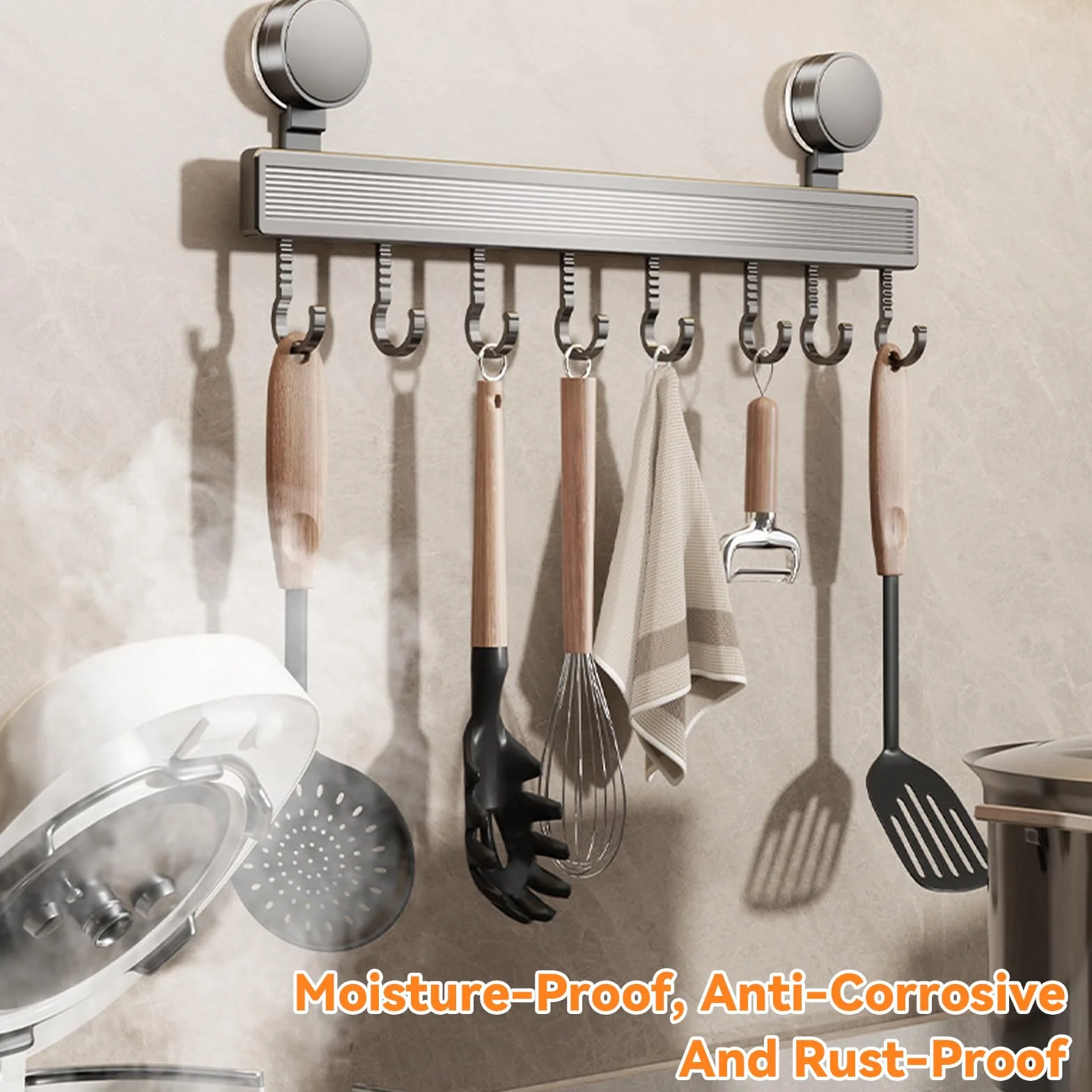 ZhouWei Wieszak na przybory kuchenne, wieszak na przybory kuchenne bez wiercenia, z 8 haczykami 40 cm aluminiowy drążek kuchenny z przyssawką uchwyt matowy wzór, do szafki łazienkowej (szary)