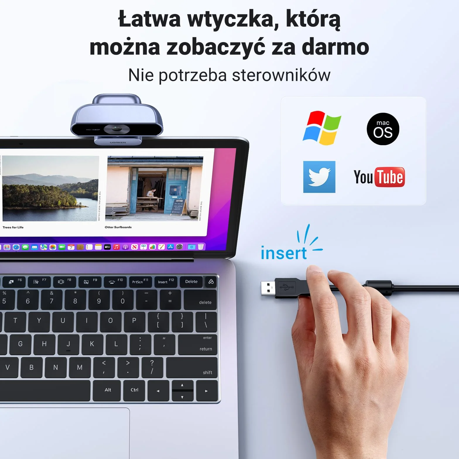 UGREEN USB Kamera internetowa Full HD 1080P/30fps do komputera, kamera internetowa z mikrofonem, czysty dźwięk stereo, automatyczna korekcja światła
