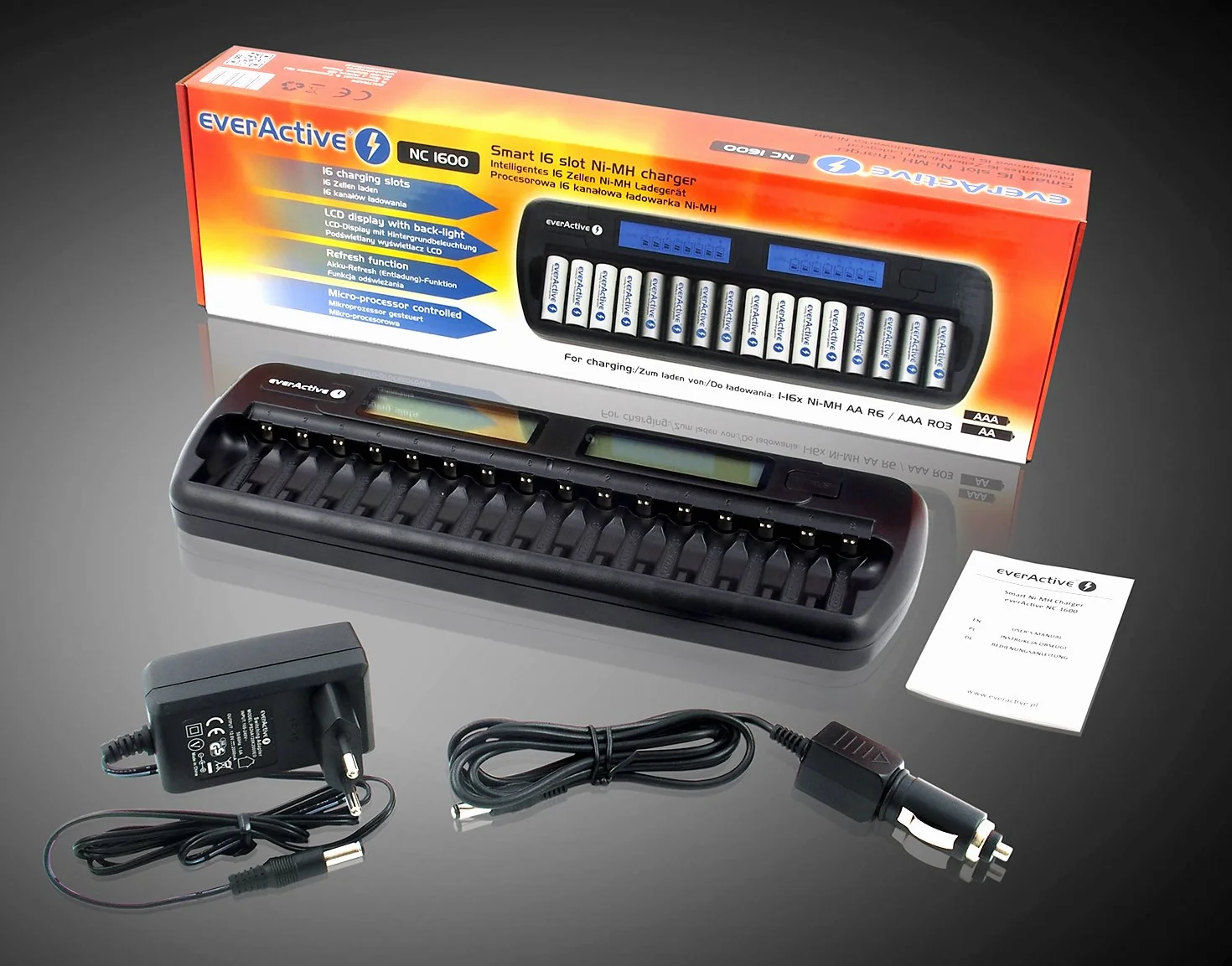 everActive Ładowarka do 16 akumulatorów AAA AA, szybkie ładowanie – 4 godziny zestaw akumulatorów, wyświetlacz LCD, tryb odświeżania, adapter samochodowy, model: NC-1600