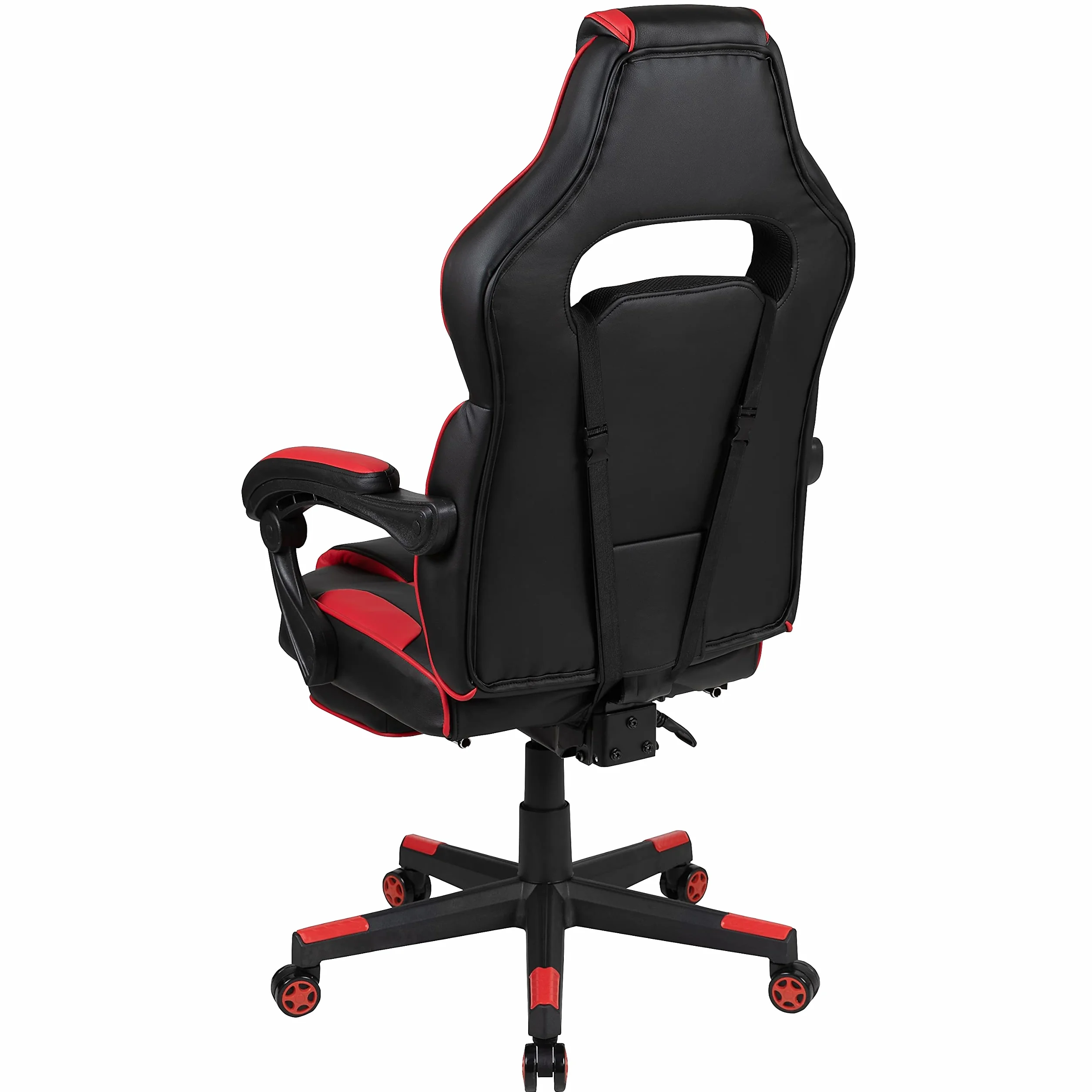 Flash Furniture X40 fotel gamingowy, ergonomiczne krzesło komputerowe z całkowicie odchylanymi oparciem/ramionami, wysuwanym podnóżkiem, masującym lędźwiowym - czerwony