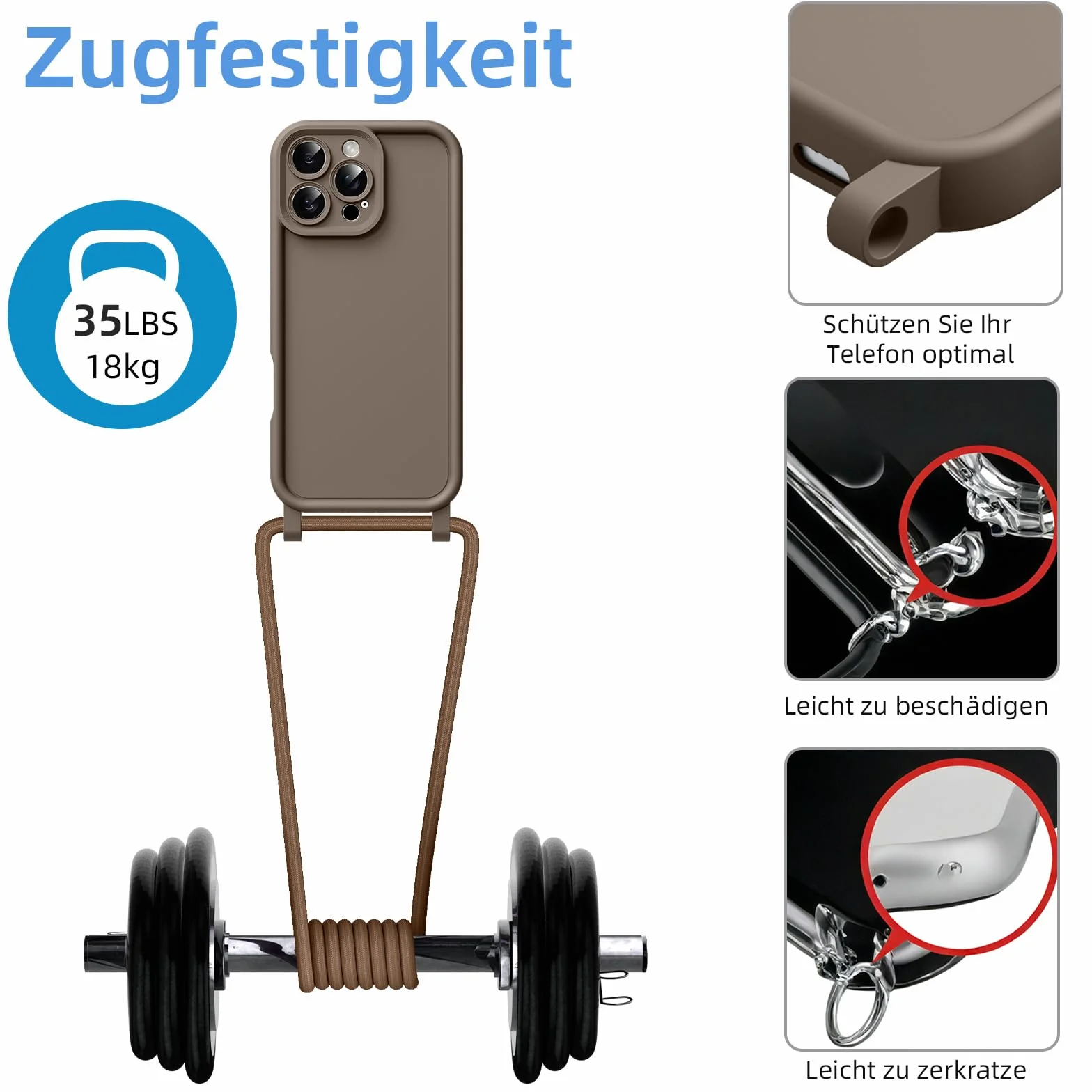 Coiwxmoi Silikonowe etui na telefon komórkowy iPhone 14 Pro 6,1", ze zdejmowanym, regulowanym sznurkiem do zawieszenia, odporne na uderzenia, ochrona aparatu, brązowe
