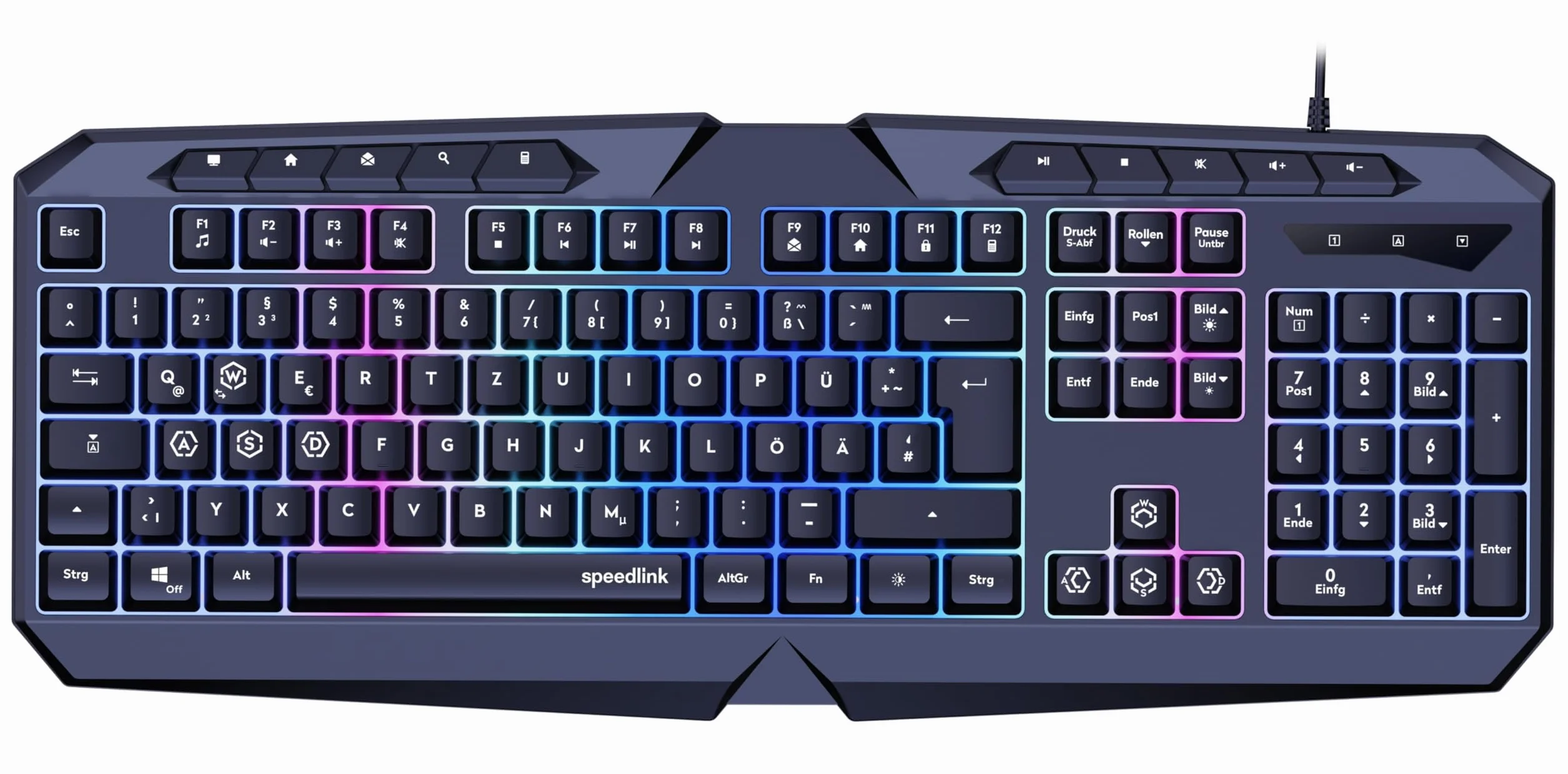 Speedlink LUDICIUM RGB Rainbow Gaming Keyboard - klawiatura do gier RGB z kablem, układ niemiecki QWERTZ, blokada klawisza Windows, przełącznik WASD, 10 klawiszy multimedialnych, przewodowa,czarna