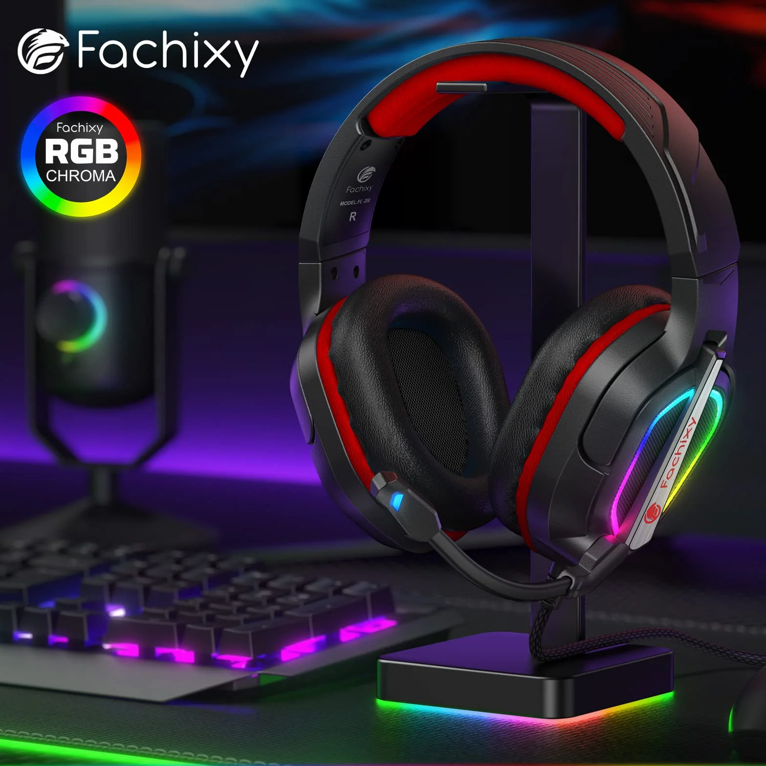 Fachixy FC200 Zestaw słuchawkowy do gier PS4 PS5 PC Xbox Nintendo Switch RGB Mikrofon Niebieski Czerwony