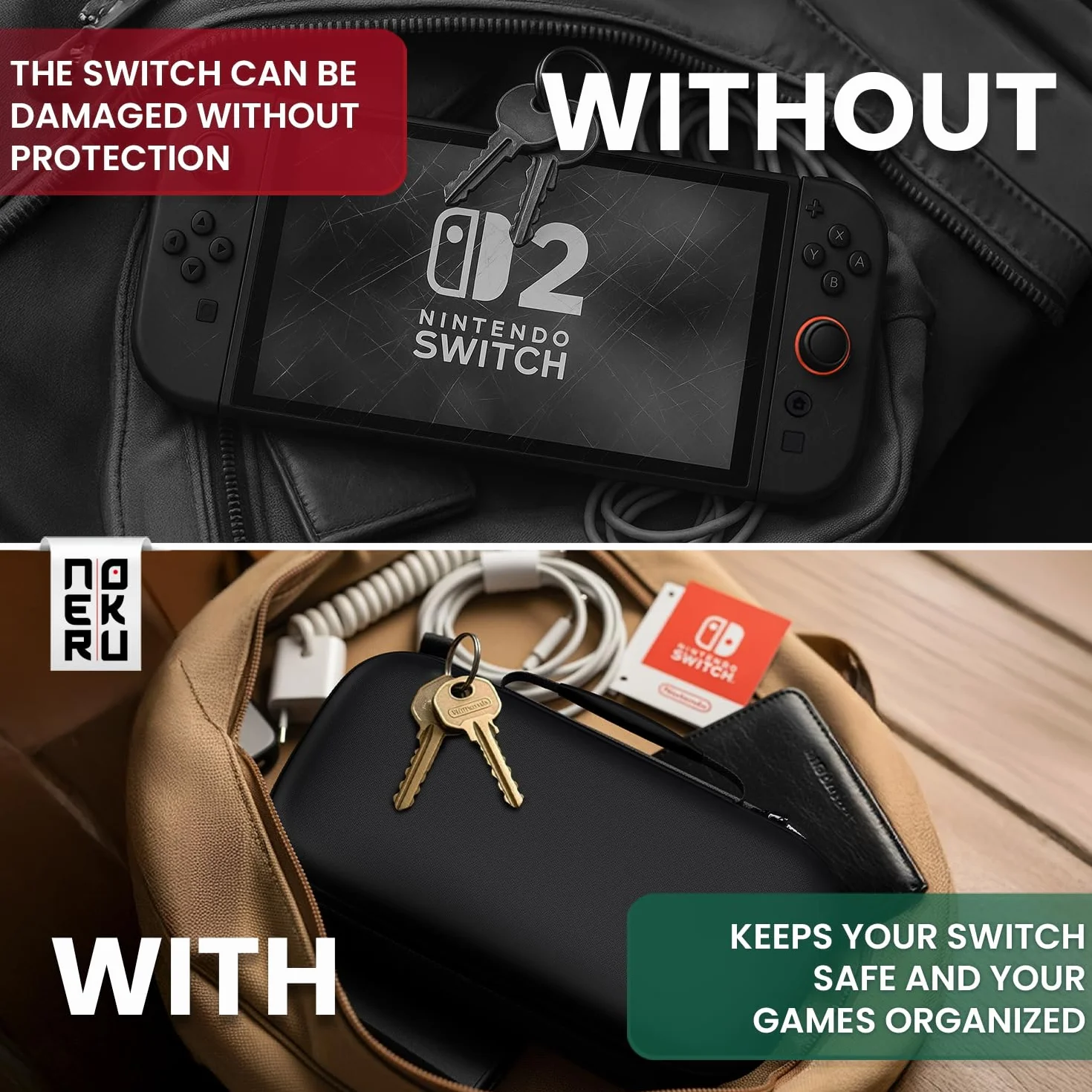 Neroku Wytrzymałe etui na Nintendo Switch 2 I model 2025 I Switch 2 zestaw akcesoriów składający się z etui Switch 2 i folii ze szkła pancernego, schowka na akcesoria i miejsce na 12 gier, etui