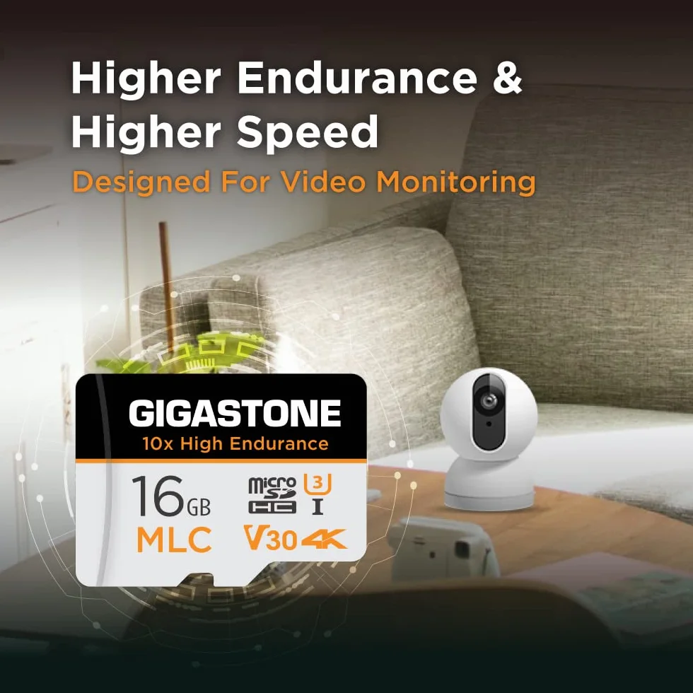 Gigastone - 10 tarjetas micro SD MLC de 16 GB, 10 unidades, grabación de video 4K, cámara de seguridad, cámara de salpicadero, compatible con vigilancia de 95 MB/s, U3 C10, con adaptador