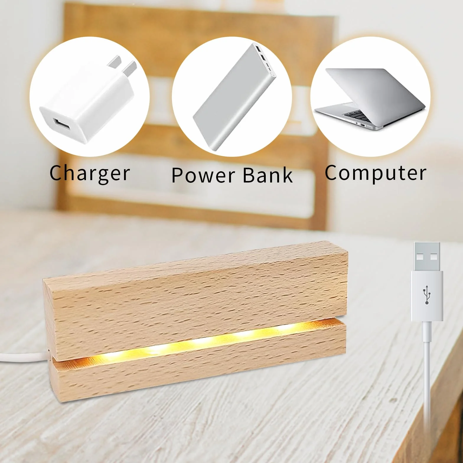 Leonshco Drewniana podstawa LED przełącznik USB ciepłe oświetlenie do szkła akrylowego