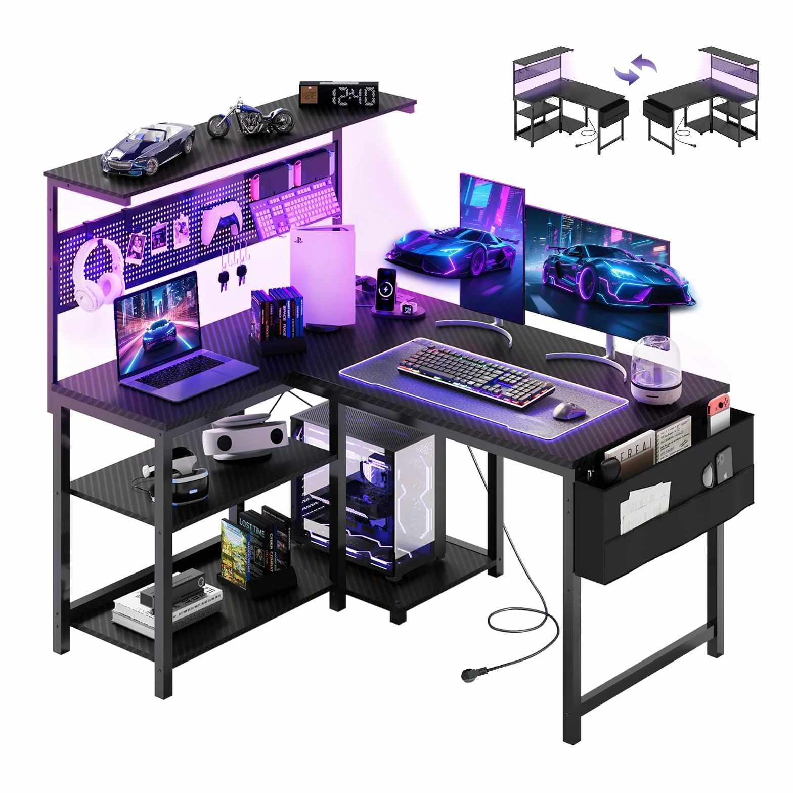 YOUDENOVA Biurko gamingowe w kształcie litery L z diodami LED, gniazdkiem i wejściem USB, dwustronne biurko narożne z regałem, 120 x 80 cm, biurko komputerowe z uchwytem na PC, stół dla graczy do