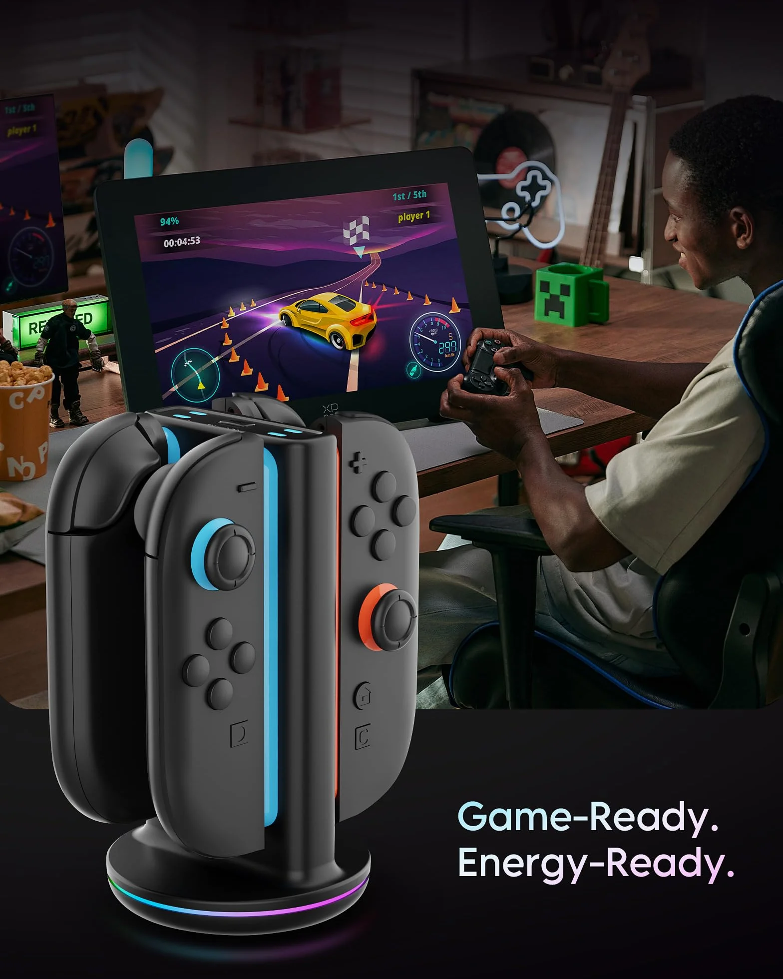 RunSnail Charging Dock Kompatybilny z Switch 2 Joycon, Switch 2 Joy Con Controller Charger Station ze Światłem RGB, Magnetic Plug-in JoyCon Charging Dock z Kablem Ładującym