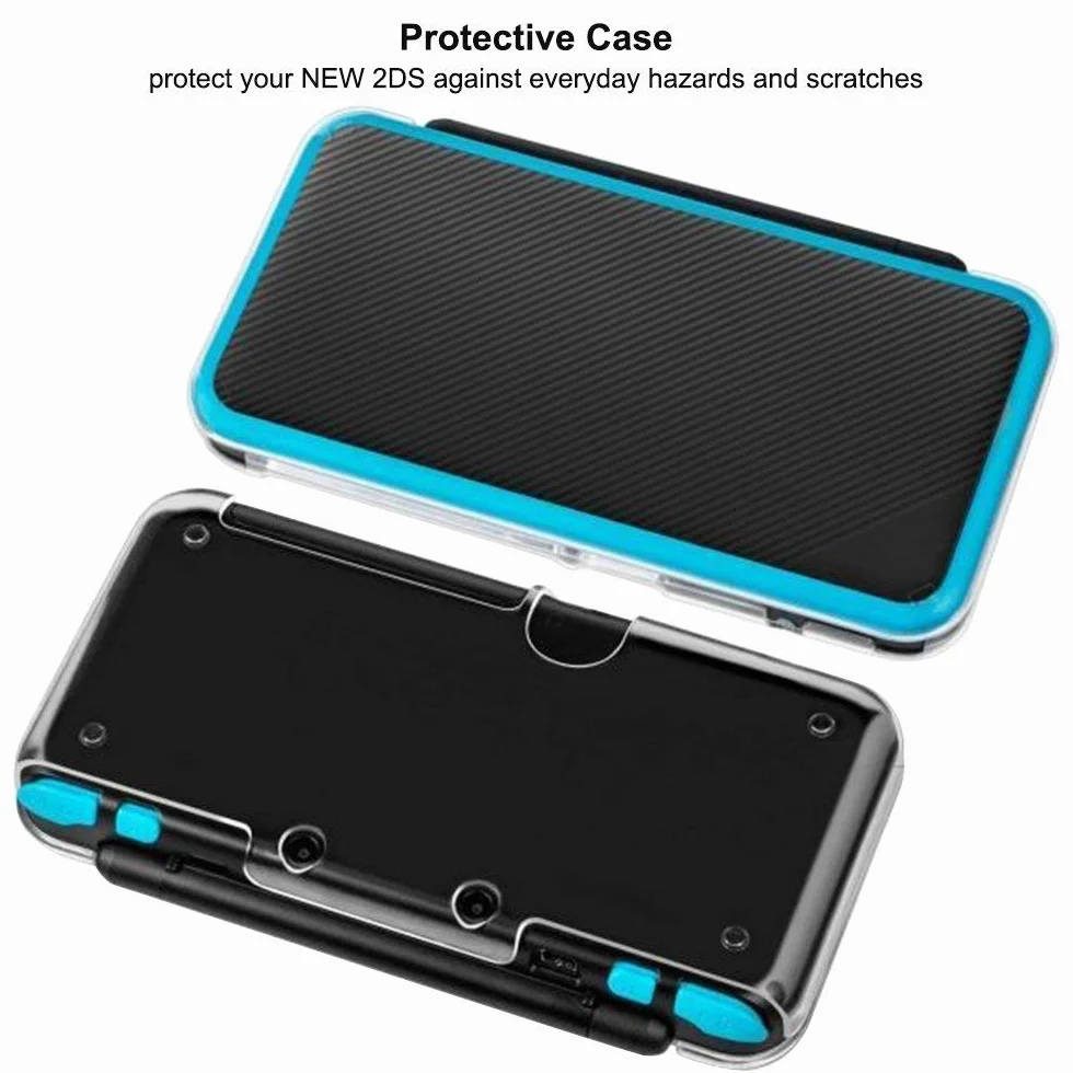 AFUNTA Twarde etui na nowe 2DS XL z 2 opakowaniami ochraniaczy ekranu, przezroczyste etui odporne na zarysowania, z 4 foliami ochronnymi ze szkła hartowanego do ekranu górnego i dolnego