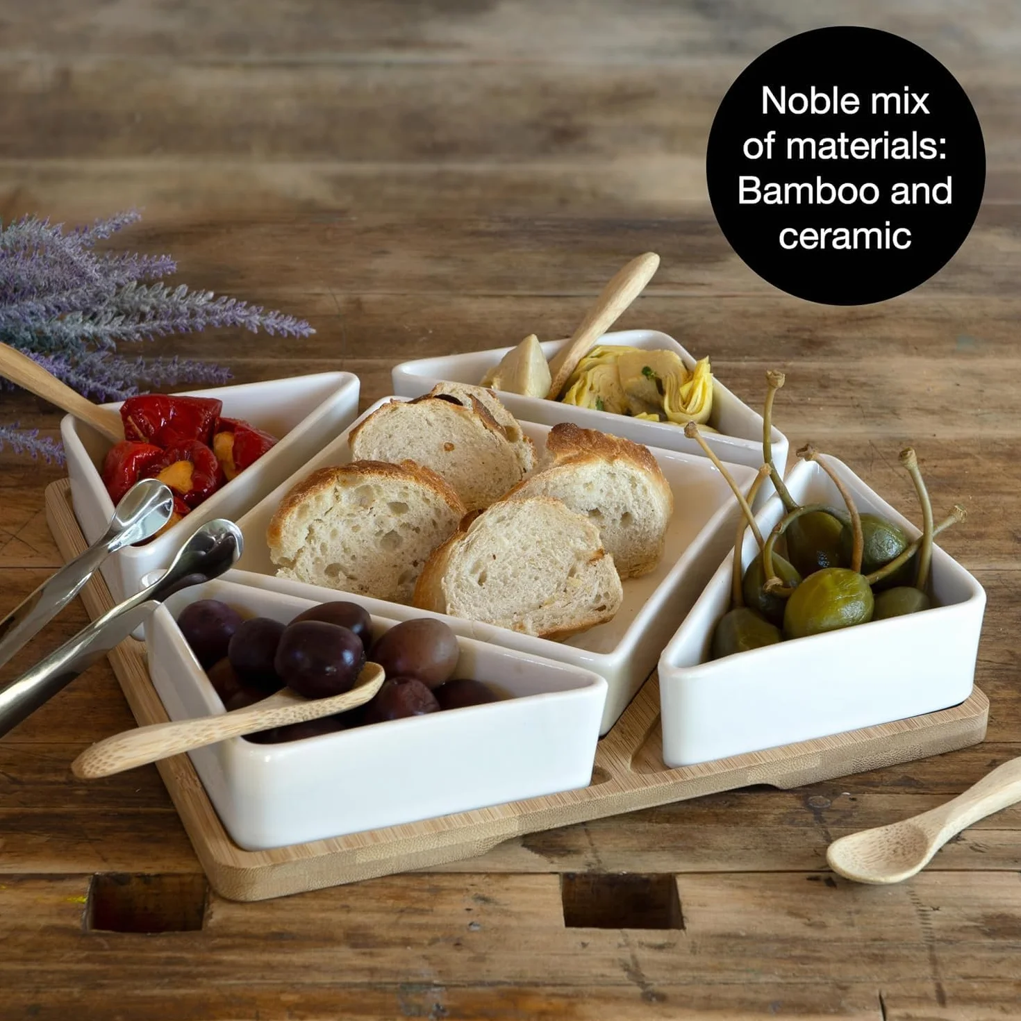 Moritz & Moritz Lavender 11-częściowy zestaw do serwowania przekąsek, tapas, przystawek, miski ceramiczne, tacka, łyżka, bambus, szczypce ze stali nierdzewnej, biały