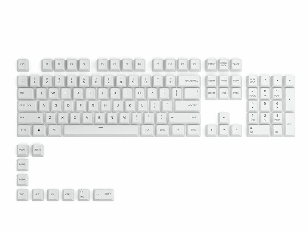 Glorious Gaming 115 klawiszy GPBT – Cherry, bardzo wytrzymały PBT, estetyka, doskonała dźwięk, oryginalny krój pisma, układ US - Arctic White