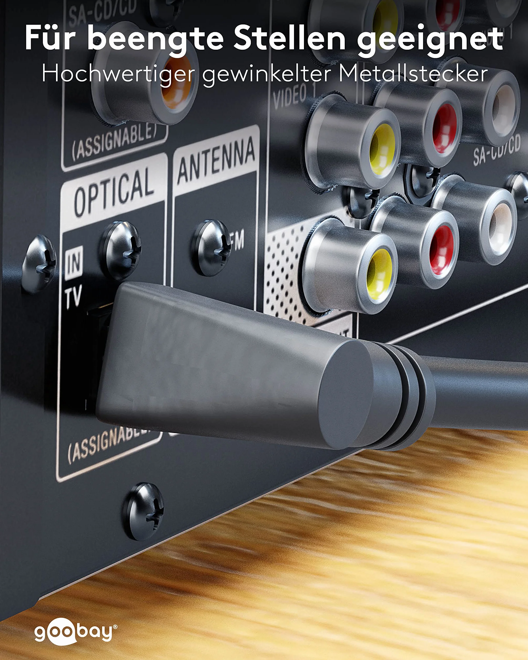 Goobay 41595 Toslink kabel wygięty pod kątem 90° (wtyczka obracana o 360°), 2 metry, kabel światłowodowy jednostronnie wygięty, cyfrowy kabel audio o najlepszej jakości audio