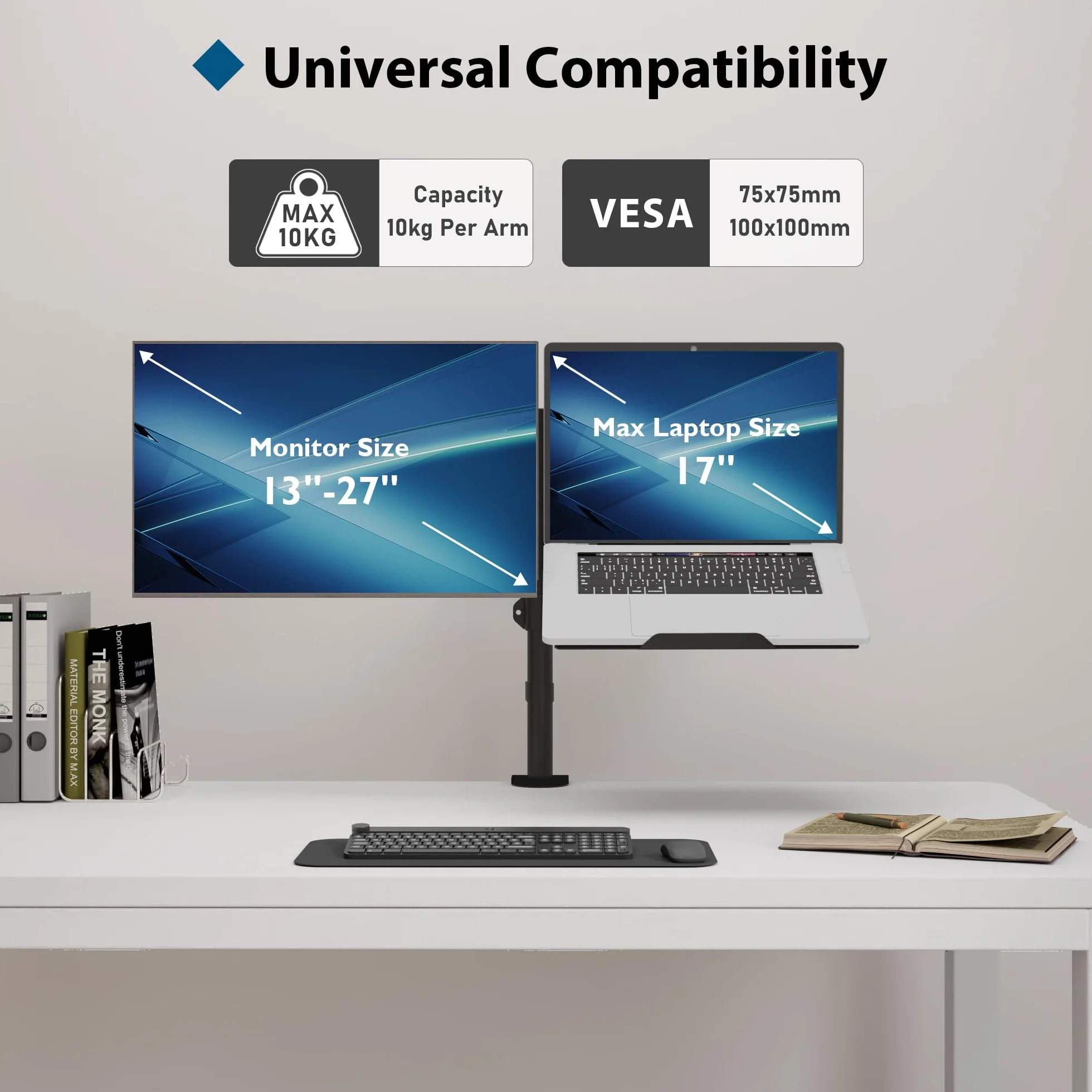 BONTEC Ramię monitora z tacą na laptopa, uchwyt na biurko na laptopa do ekranu 13-27 cali i 17 cali, regulacja wysokości, pełny ruch VESA, obrót nachylenia o 360°, zarządzanie kablami w zestawie