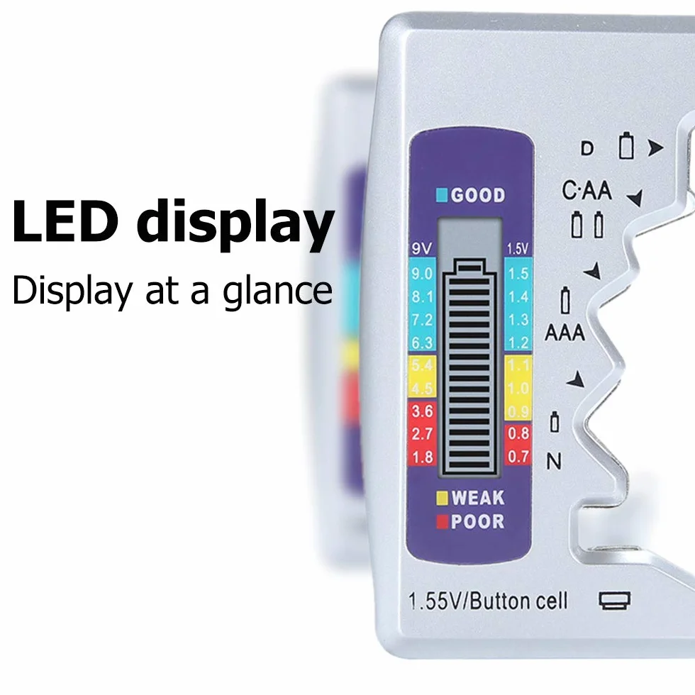 DollaTek Cyfrowy tester baterii, 1,5 V, 9 V, AA, AAA, LR44, tester pojemno?ci, do baterii litowych, narz?dzie pomiaerowe, srebrny
