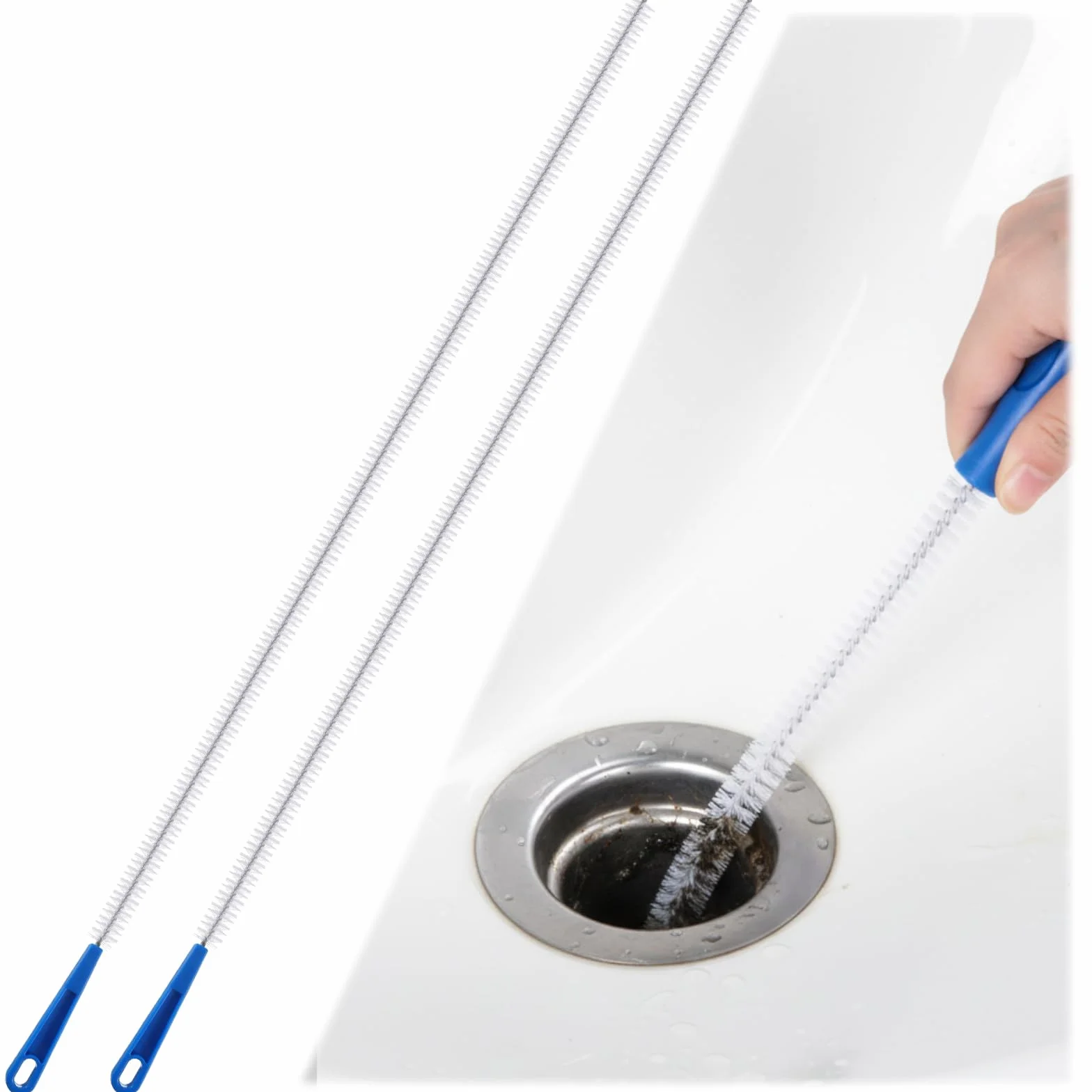 SHENLIU 2 szczotki do czyszczenia odpływów, 60 cm, elastyczna szczotka do czyszczenia odpływów, rura odpływowa, szczotka do czyszczenia odpływu, do czyszczenia włosów, do kuchni, łazienki, 2 sztuki