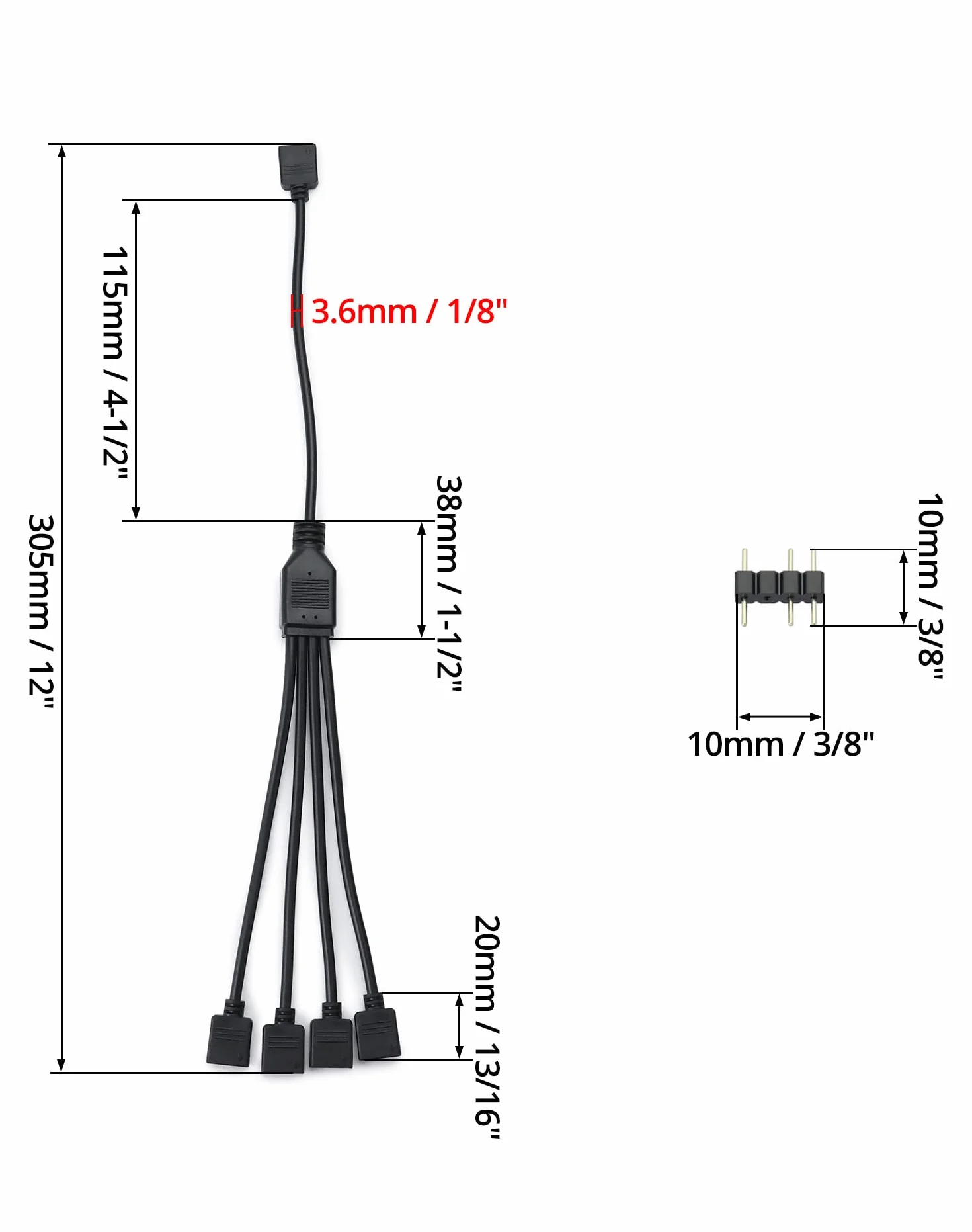 QWORK® Rozgałęźnik ARGB, 5 V, 3-pin, rozgałęźnik argb, 1 gniazdo na 4 wtyki, 30 cm, do chłodzenia procesora i wentylatora 5 V ARGB