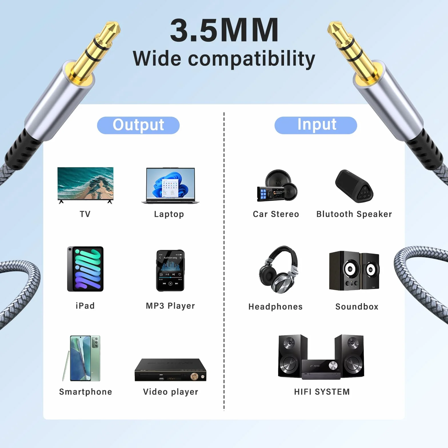 Kabel Aux, kabel audio 3,5 mm jack na jack stereo jack 3,5 [1,2 m] nylonowy pleciony do radia samochodowego, słuchawek, komputera, telefonu komórkowego, systemu stereo, tabletu, głośnika, odtwarzacza
