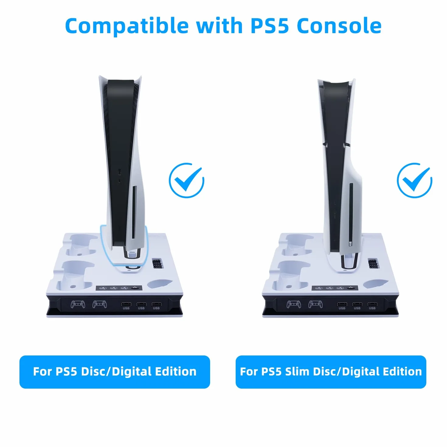 Mcbazel PS5/PS5 Slim/Pro stojak i stacja chłodząca z podwójnym kontrolerem i ladarką do PlayStation 5 Disc/Digital, chłodzący stojak z trzema poziomami wentylatora