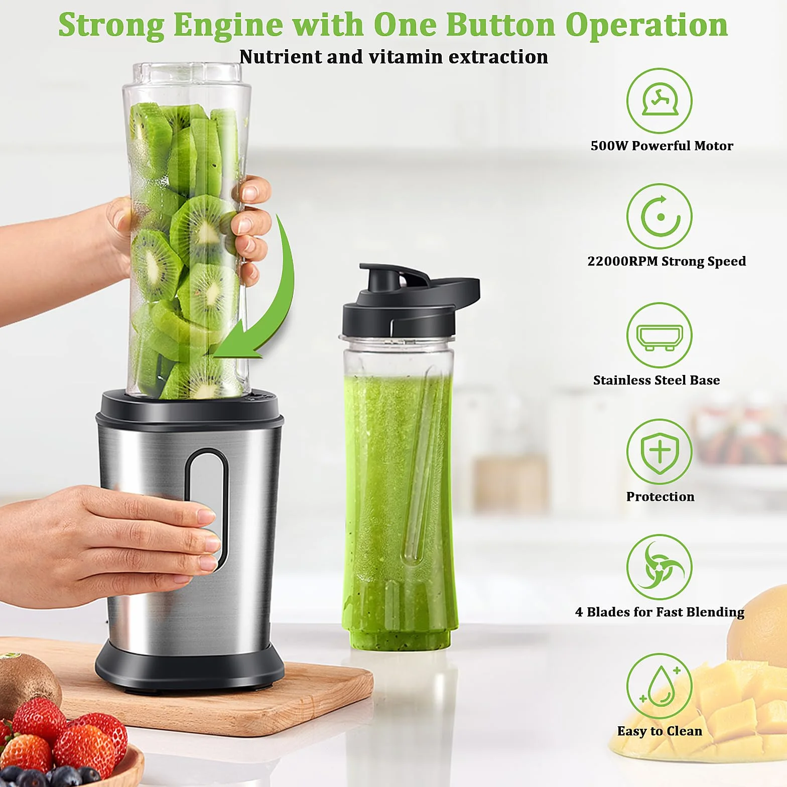 Mikser 500 W, mini stojący, smoothie Maker z butelkami 2 x 600 ml, bez BPA, tritan, przenośny z stali nierdzewnej, 4 arkusze do shake, do smoothie i posiłków