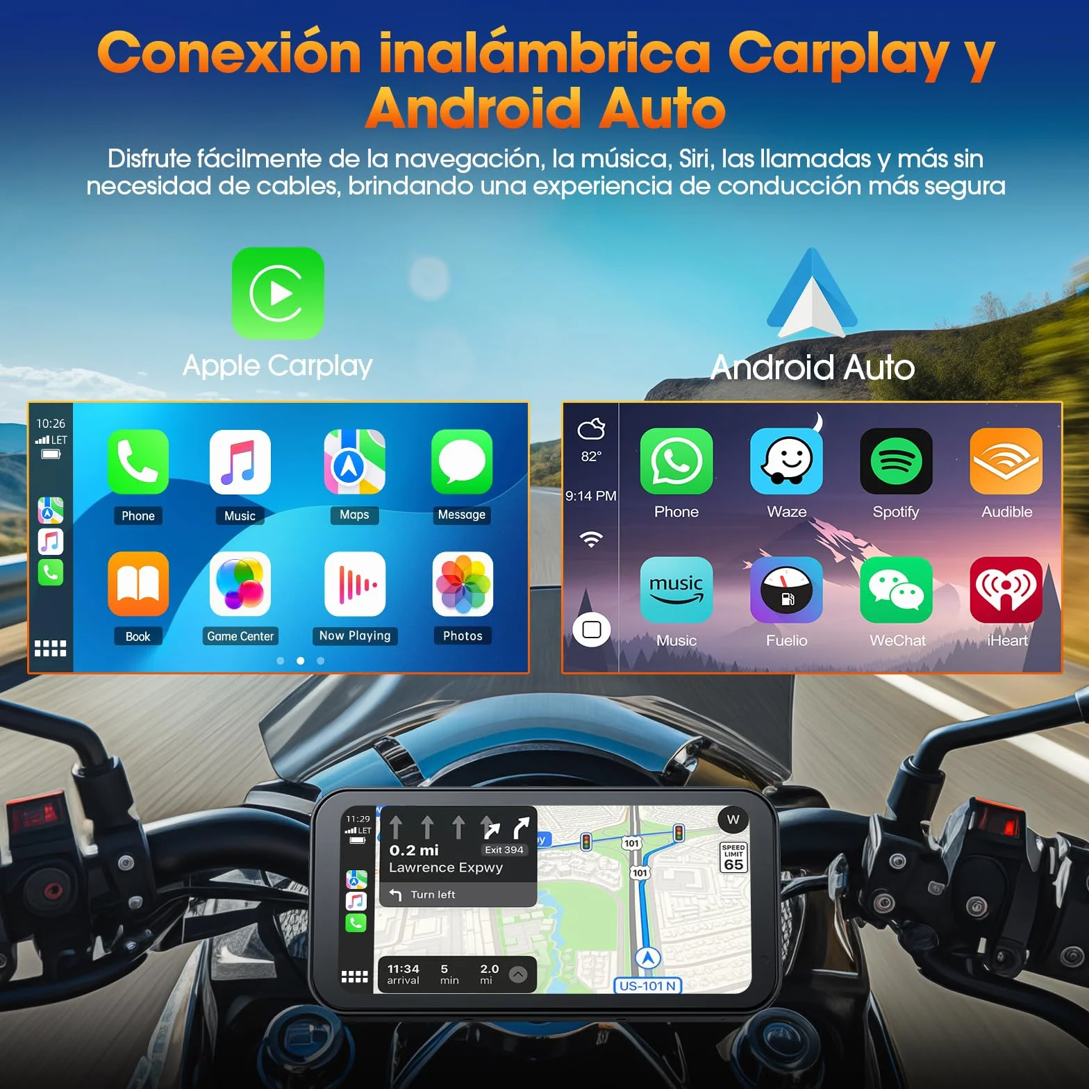 Volam Motocyklowy ekran Carplay z designerskim uchwytem do motocykli, bezprzewodowy CarPlay i Android Auto, przenośny ekran dotykowy 6,25", obsługuje nawigację/asystent głosowy