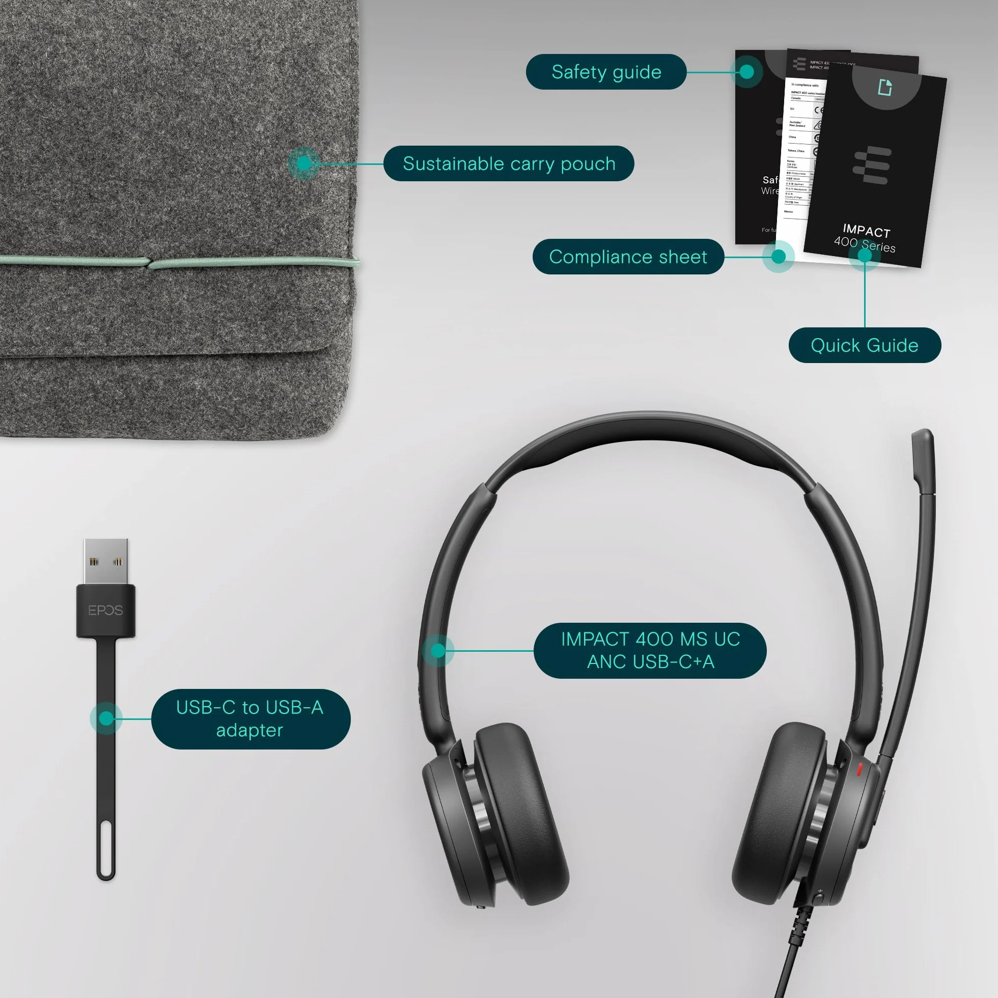 EPOS IMPACT 400 – przewodowy zestaw słuchawkowy nauszny z hybrydowym ANC i USB-C/USB-A – certyfikowane przez zespoły do wyraźnych, profesjonalnych połączeń