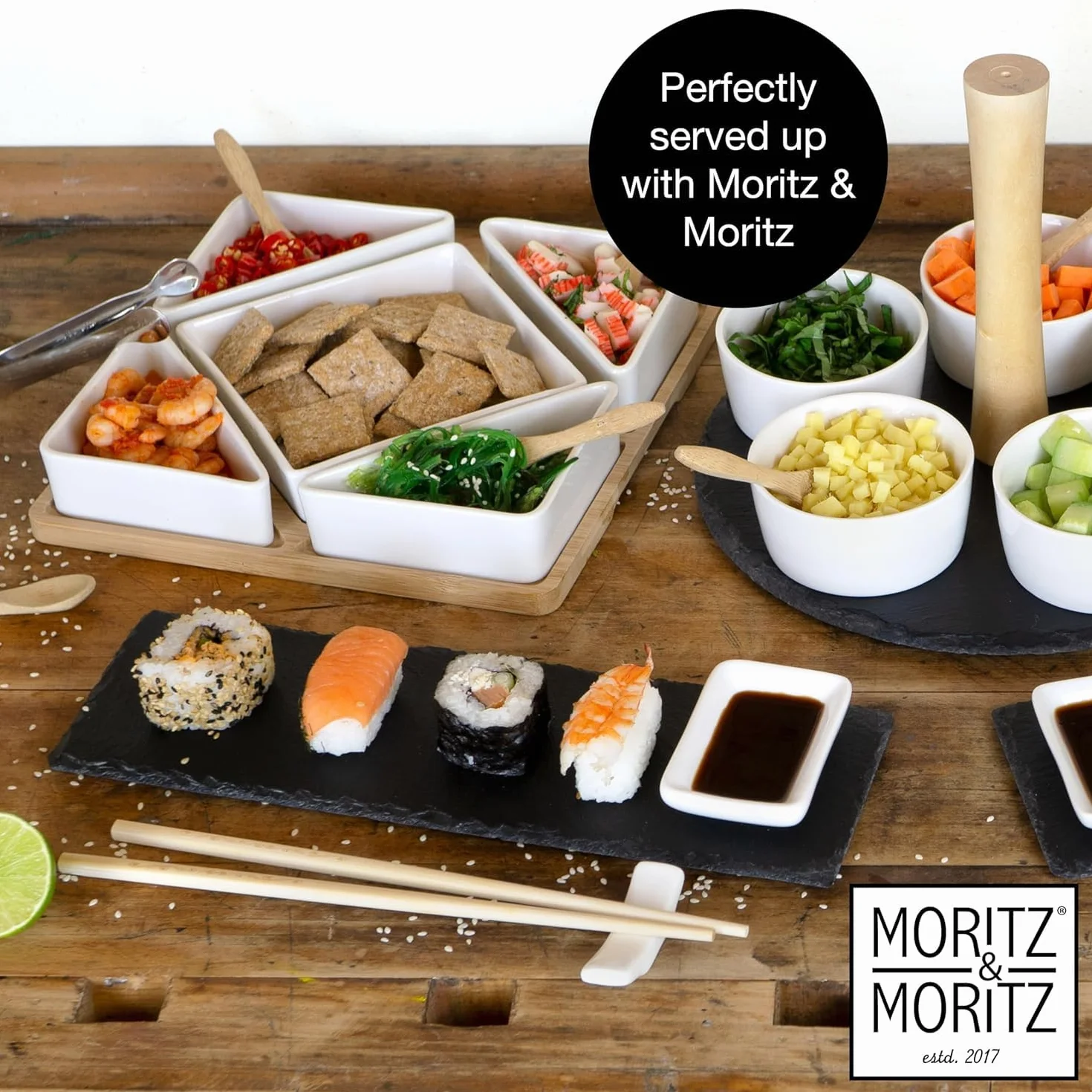 Moritz & Moritz Lavender 11-częściowy zestaw do serwowania przekąsek, tapas, przystawek, miski ceramiczne, tacka, łyżka, bambus, szczypce ze stali nierdzewnej, biały
