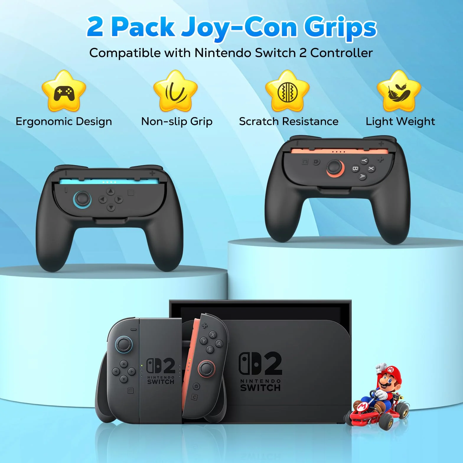 MoKo Grips for Nintendo Switch 2 Joy-Con, 2-Pack Ergonomic Joy-Con Grips for Switch 2, Anti-Slip Handle Kit Accessories, Black