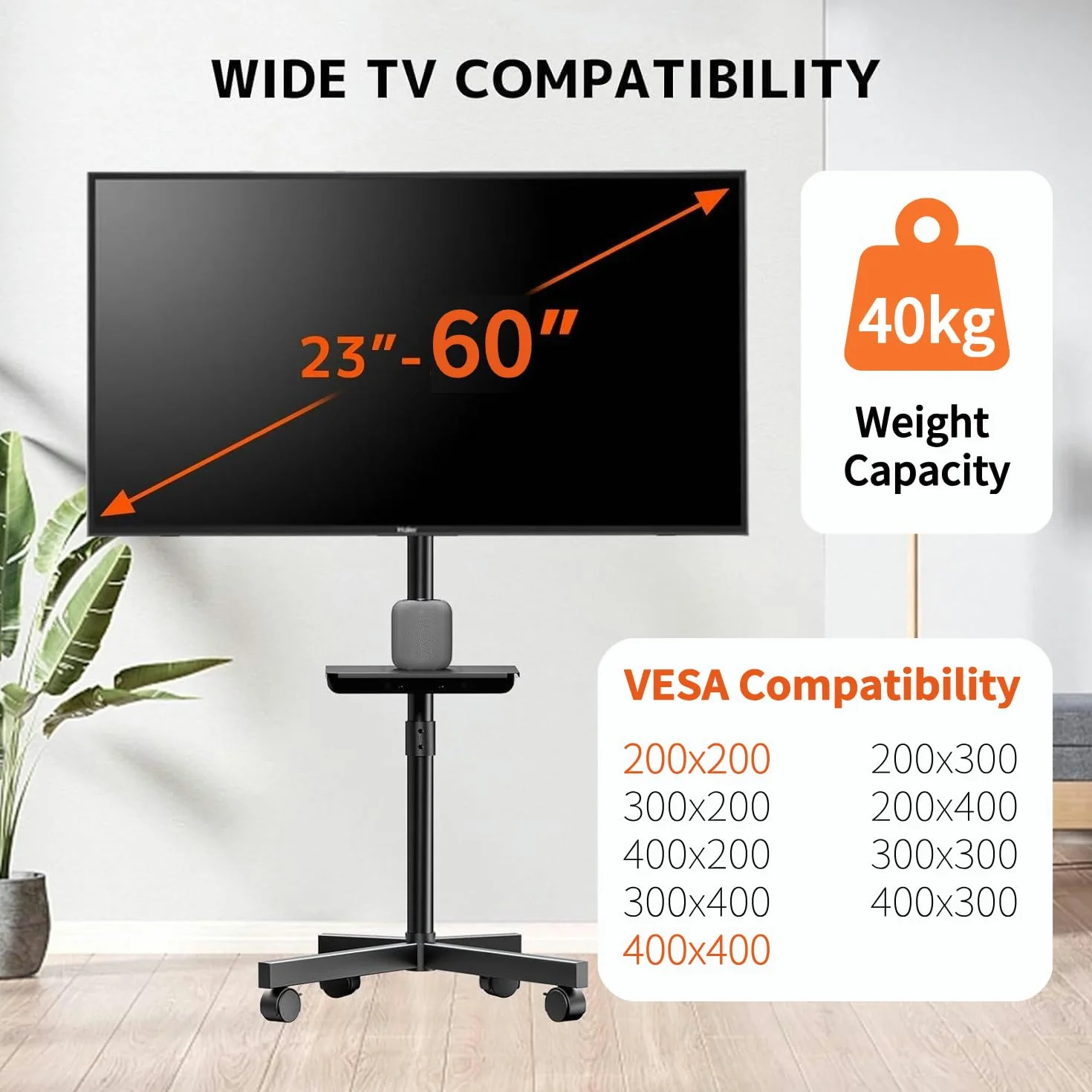 Stojak TV na kółkach do telewizorów 23-60 cali - mobilny stojak TV z regulacją wysokości, kompatybilny z VESA do 400 x 400 mm, maksymalne obciążenie 40 kg, czarny