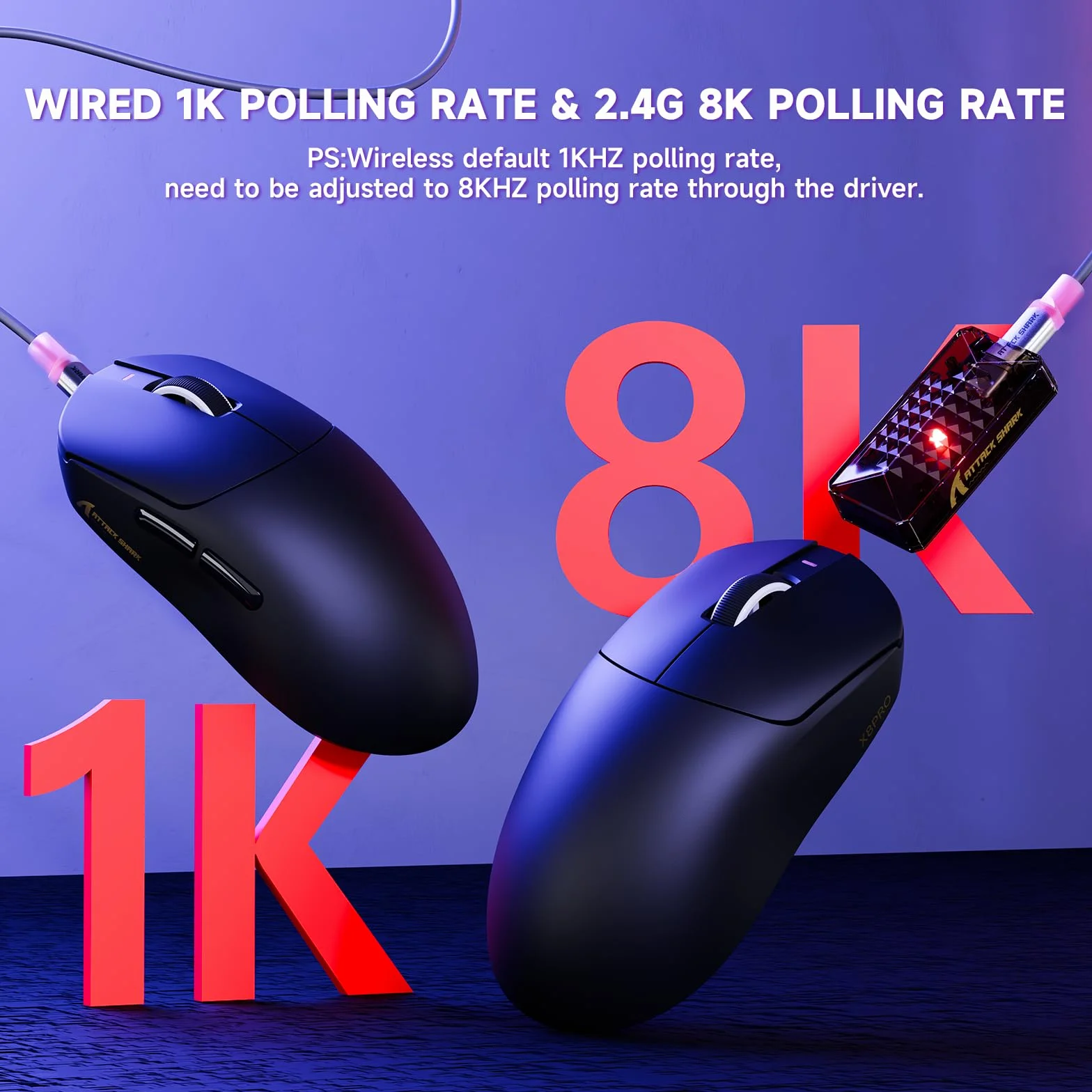 ATTACK SHARK X8PRO 55g Bezprzewodowa Mysz do Gier, 40000 DPI, 8 kHz, 2,4 GHz/BT, 500mAh, Czarny