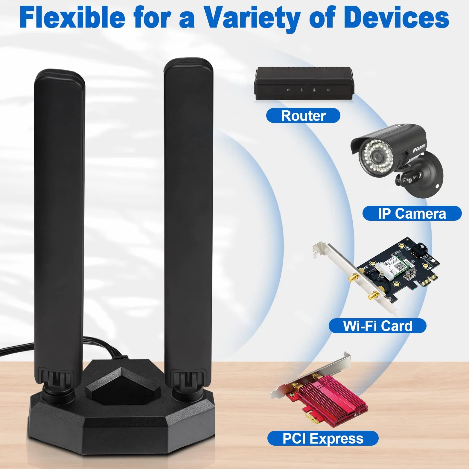 Eightwood Antena WiFi 6E 2,4 GHz 5 GHz 6 GHz WLAN wzmacniacz sygnału Tri-Band RP-SMA + adapter SMA magnetyczna podstawa z przedłużaczem 2 m do kart Wi-Fi, kart PCI, routera, płyty głównej Bluetooth