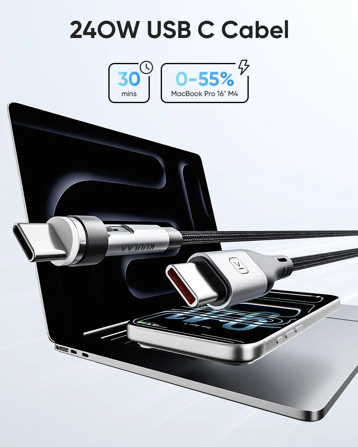 Kuulaa Magnetyczny kabel do ładowania USB-C 2 w 1, 240 W, szybkie ładowanie, 360° i 180°, kompatybilny z typami C/iProducts/Huawei